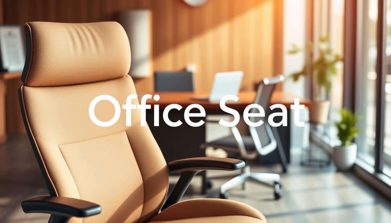 A sleek, ergonomic office chair sits prominently in the foreground, showcasing soft, breathable fabric in a warm neutral color. The chair features adjustable armrests and lumbar support, symbolizing comfort and health. In the middle ground, a well-organized workspace with a polished wooden desk and a laptop, illuminating the importance of productivity. Natural light floods the scene from a large window, casting gentle shadows and creating a serene, inviting atmosphere. In the background, a blurred view of a modern office environment enhances the professional setting. The image evokes a sense of well-being and focus, with the brand name "Office Seat" subtly integrated into the design, ensuring clear legibility.