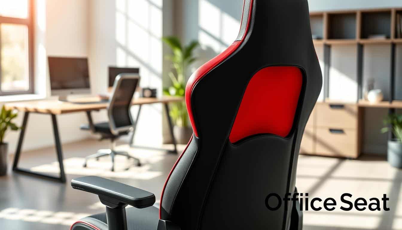A sleek, modern gaming chair featuring an adjustable reclining backrest, designed for long hours of ergonomic support. The chair has a striking black and red color scheme with soft, breathable fabric and padded armrests. In the foreground, focus on the chair’s detailed lumbar support feature, showcasing how it aligns with the natural curve of the spine. In the middle ground, a professional setting with a minimalist desk setup, highlighting the importance of good posture in both gaming and work environments. Natural daylight filters in through a nearby window, casting soft shadows that create a calming atmosphere. Include the brand name "Office Seat" subtly in the bottom corner of the image, ensuring it is legible yet unobtrusive. A sleek, modern gaming chair featuring an adjustable reclining backrest, designed for long hours of ergonomic support. The chair has a striking black and red color scheme with soft, breathable fabric and padded armrests. In the foreground, focus on the chair’s detailed lumbar support feature, showcasing how it aligns with the natural curve of the spine. In the middle ground, a professional setting with a minimalist desk setup, highlighting the importance of good posture in both gaming and work environments. Natural daylight filters in through a nearby window, casting soft shadows that create a calming atmosphere. Include the brand name "Office Seat" subtly in the bottom corner of the image, ensuring it is legible yet unobtrusive.