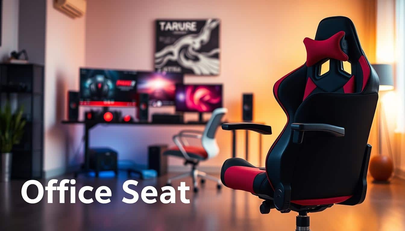 A sleek, modern gaming chair prominently displayed in the foreground, featuring a vibrant color scheme with red and black accents, showcasing ergonomic design elements like lumbar support and adjustable armrests. The middle ground features a stylish desk setup complete with a high-resolution monitor, gaming peripherals, and ambient LED lighting, creating a tech-savvy atmosphere. In the background, a softly blurred room outline enhances depth, with warm, inviting lighting that evokes a comfortable workspace. The scene should convey a sense of focus and engagement, ideal for long hours in front of a computer. Include the brand name "Office Seat" subtly placed as a shadow text in the corner of the image. A sleek, modern gaming chair prominently displayed in the foreground, featuring a vibrant color scheme with red and black accents, showcasing ergonomic design elements like lumbar support and adjustable armrests. The middle ground features a stylish desk setup complete with a high-resolution monitor, gaming peripherals, and ambient LED lighting, creating a tech-savvy atmosphere. In the background, a softly blurred room outline enhances depth, with warm, inviting lighting that evokes a comfortable workspace. The scene should convey a sense of focus and engagement, ideal for long hours in front of a computer. Include the brand name "Office Seat" subtly placed as a shadow text in the corner of the image.