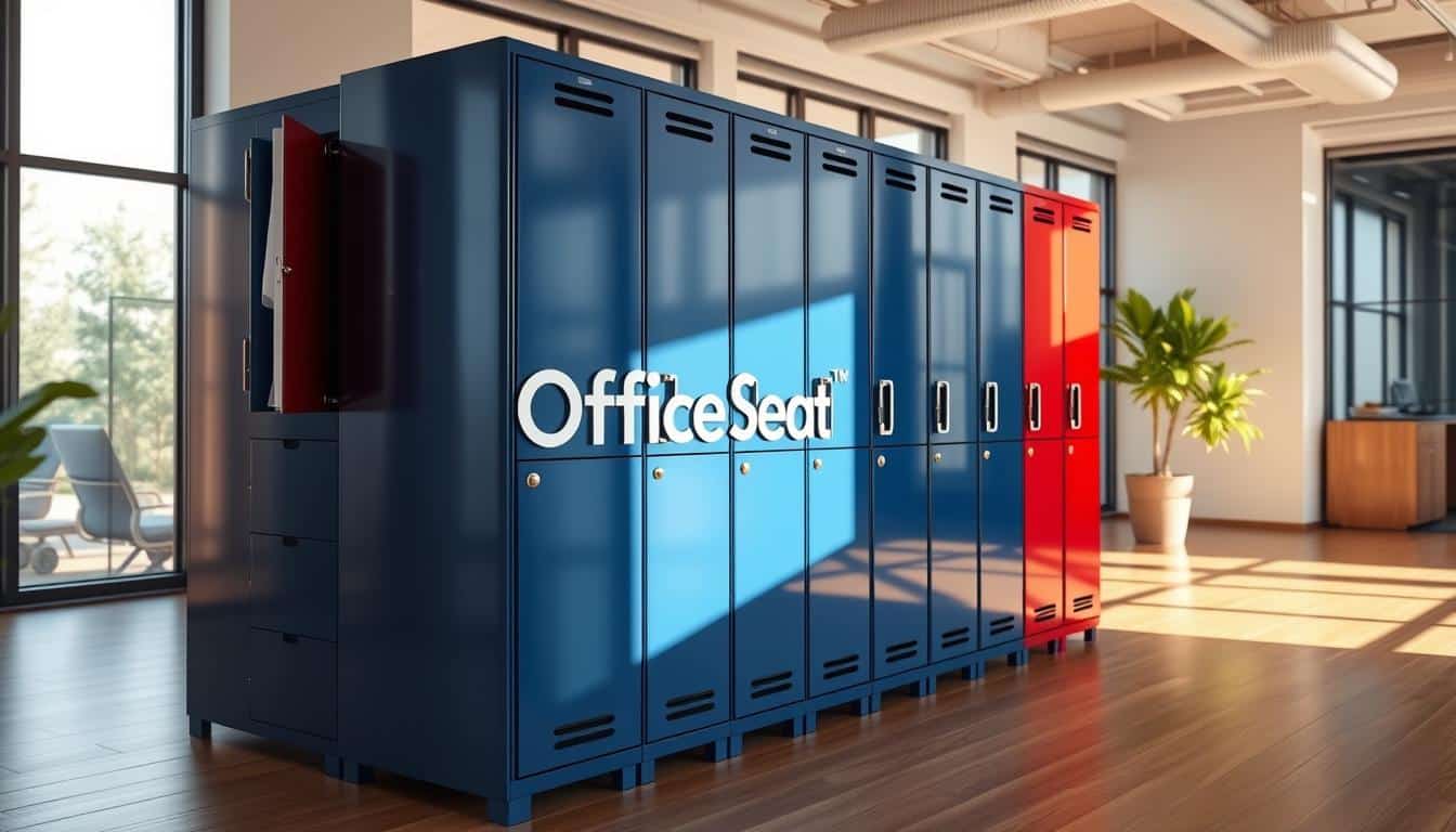 A sleek office environment featuring metallic lockers painted with durable, high-gloss epoxy finish, showcasing vibrant colors like deep blue and bright red. The lockers stand arranged neatly in a modern office space with polished wooden floors. In the foreground, a few lockers are open, revealing neatly organized office supplies. Soft, natural lighting filters through large windows, creating a warm and inviting atmosphere. The image is captured with a wide-angle lens, emphasizing the depth of the office and the robust, anticorrosive quality of the locker surfaces. In the background, subtle plants adorn the space, adding a touch of greenery. Prominently displayed on one locker is the brand name "Office Seat" in a clear, legible shadow of text. A sleek office environment featuring metallic lockers painted with durable, high-gloss epoxy finish, showcasing vibrant colors like deep blue and bright red. The lockers stand arranged neatly in a modern office space with polished wooden floors. In the foreground, a few lockers are open, revealing neatly organized office supplies. Soft, natural lighting filters through large windows, creating a warm and inviting atmosphere. The image is captured with a wide-angle lens, emphasizing the depth of the office and the robust, anticorrosive quality of the locker surfaces. In the background, subtle plants adorn the space, adding a touch of greenery. Prominently displayed on one locker is the brand name "Office Seat" in a clear, legible shadow of text.