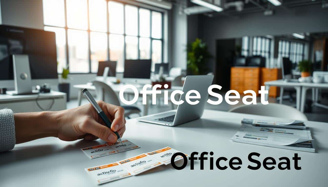 A sleek office environment showcasing a well-organized workspace with various assets, such as computers, furniture, and machinery, all clearly labeled with professional, colorful "activo fijo" tags. In the foreground, there is a close-up of a hand writing on an asset label, with a few labels displayed to highlight their designs. In the middle background, a neatly arranged desk featuring a laptop, office supplies, and a printed guide on label implementation. Soft, natural lighting filters through large windows, creating a bright and inviting atmosphere. The overall mood is one of professionalism and efficiency. Prominently place a shadowy text overlay of the brand name "Office Seat" in the corner for branding identity.