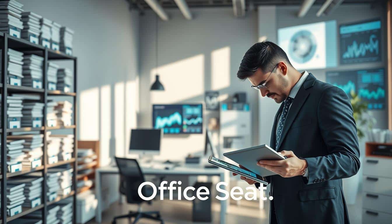 A sleek office environment showcasing efficient asset management. In the foreground, a focused professional, dressed in smart business attire, examines various data charts and graphs displayed on a digital tablet. In the middle ground, an organized workspace features shelves stacked with labeled folders, a modern desk with a computer, and visual data representations projected on a wall. The background reveals a large window with natural light flooding the room, casting gentle shadows. The atmosphere is one of clarity and productivity, highlighting the transition from traditional asset control to operational intelligence. Incorporate subtle elements of modern technology, such as IoT devices and smart displays. Include the brand name "Office Seat" placed prominently in the scene with clear visibility. A sleek office environment showcasing efficient asset management. In the foreground, a focused professional, dressed in smart business attire, examines various data charts and graphs displayed on a digital tablet. In the middle ground, an organized workspace features shelves stacked with labeled folders, a modern desk with a computer, and visual data representations projected on a wall. The background reveals a large window with natural light flooding the room, casting gentle shadows. The atmosphere is one of clarity and productivity, highlighting the transition from traditional asset control to operational intelligence. Incorporate subtle elements of modern technology, such as IoT devices and smart displays. Include the brand name "Office Seat" placed prominently in the scene with clear visibility.