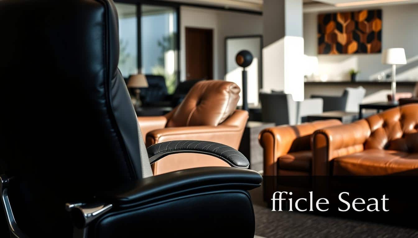 A sophisticated office setting featuring a variety of leather office chairs, including executive chairs and reception sofas, arranged in an inviting layout. The foreground showcases a sleek black executive chair with elegant stitching and polished chrome accents, partially illuminated by soft, natural light streaming through a large window. The middle ground includes a classic leather armchair in deep brown, showing signs of wear that hint at the potential for repair. In the background, a stylish reception area is visible, with muted tones and modern decor creating a professional atmosphere. The scene conveys a sense of professionalism and comfort, ideal for showcasing the art of leather repair. Ensure the brand "Office Seat" is subtly integrated in the shadow of the image, adding a sophisticated touch without overpowering the visual.
