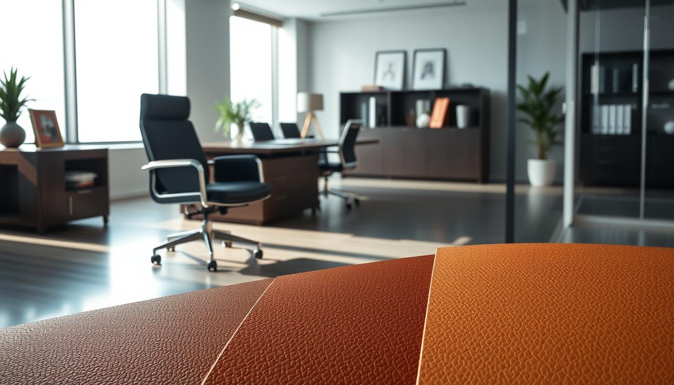 A sophisticated office setting showcasing various types of synthetic leather upholstery, specifically PU and PVC. In the foreground, a sleek executive chair upholstered in rich, textured PU leather stands confidently, reflecting subtle light. In the middle ground, a stylish office desk with tasteful decor complements the chair, featuring PVC upholstery samples displayed neatly alongside it. The background reveals a modern office space with soft, diffused lighting streaming through large windows, casting gentle shadows and creating an inviting atmosphere. The overall mood should exude professionalism and elegance. Ensure the brand name "Office Seat" is subtly placed in the image as a shadowed text, clearly legible but not overpowering the visual focus.