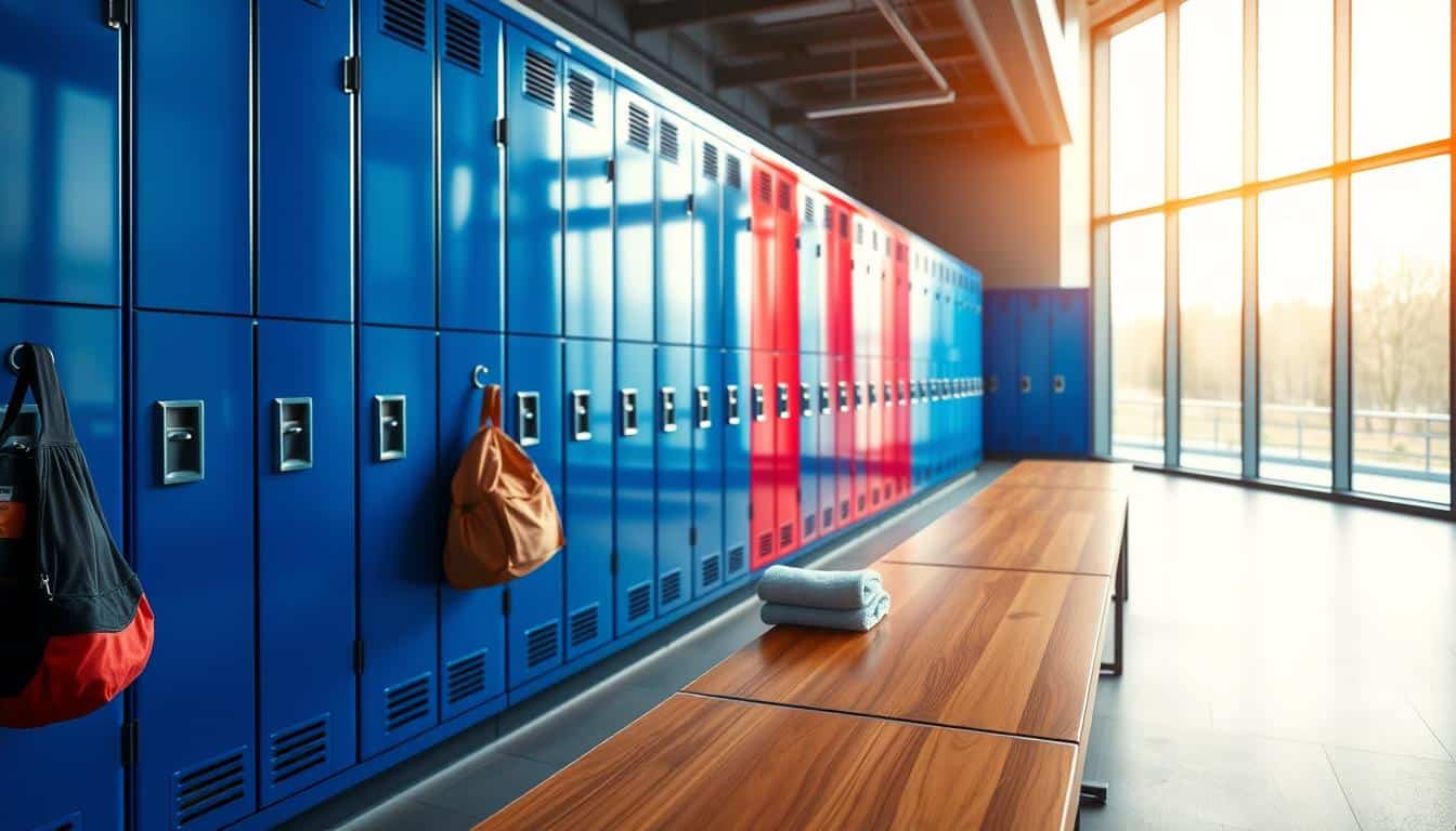 A spacious and modern gym locker room featuring sleek, metallic lockers with vibrant colors, including blue and red hues. In the foreground, a row of lockers is neatly organized, showcasing hanging gym bags and personal items. The middle ground captures benches made of polished wood, with a few gym towels placed casually on them. In the background, large windows allow soft, natural light to illuminate the space, creating an inviting atmosphere. The overall mood reflects a sense of cleanliness and organization, where fitness enthusiasts feel motivated to store their belongings. The brand "Office Seat" is subtly integrated into the scene's design, ensuring it’s clearly visible yet unobtrusive. Use a wide-angle lens to enhance the spacious feel and apply warm, soft lighting for a welcoming ambiance. A spacious and modern gym locker room featuring sleek, metallic lockers with vibrant colors, including blue and red hues. In the foreground, a row of lockers is neatly organized, showcasing hanging gym bags and personal items. The middle ground captures benches made of polished wood, with a few gym towels placed casually on them. In the background, large windows allow soft, natural light to illuminate the space, creating an inviting atmosphere. The overall mood reflects a sense of cleanliness and organization, where fitness enthusiasts feel motivated to store their belongings. The brand "Office Seat" is subtly integrated into the scene's design, ensuring it’s clearly visible yet unobtrusive. Use a wide-angle lens to enhance the spacious feel and apply warm, soft lighting for a welcoming ambiance.