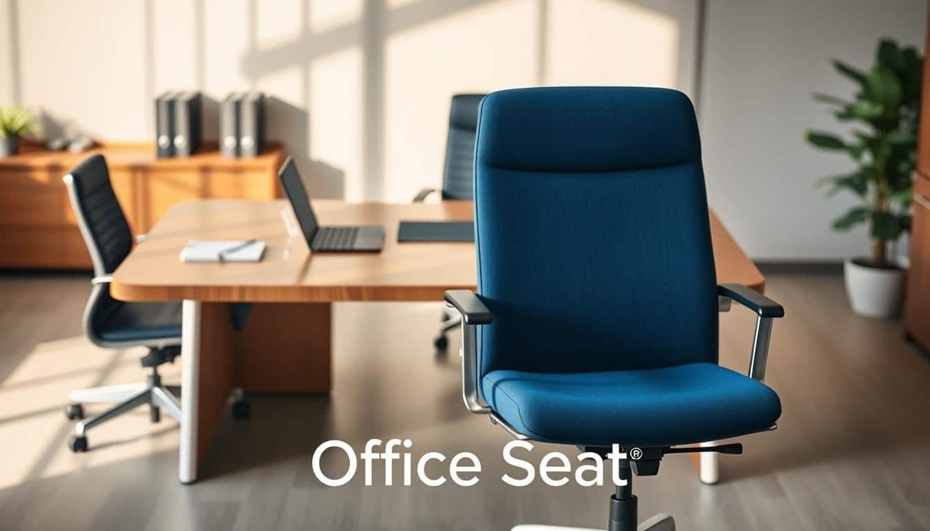 A stylish and modern office chair showcased prominently in the foreground, featuring ergonomic design and high-quality materials, set against a sleek, professional office backdrop. The chair should be upholstered in a deep blue fabric that complements the wooden desk and neutral tones of the office space. In the middle ground, a polished desk adorned with a laptop, stationery, and a small plant reflects a sophisticated working environment. Soft, diffused lighting enhances the sense of professionalism and warmth, while shadows create depth. The mood is inviting and inspiring, highlighting the importance of an appealing office chair in communicating professionalism. Place the brand name "Office Seat" subtly in the bottom corner, ensuring it's legible yet unobtrusive.