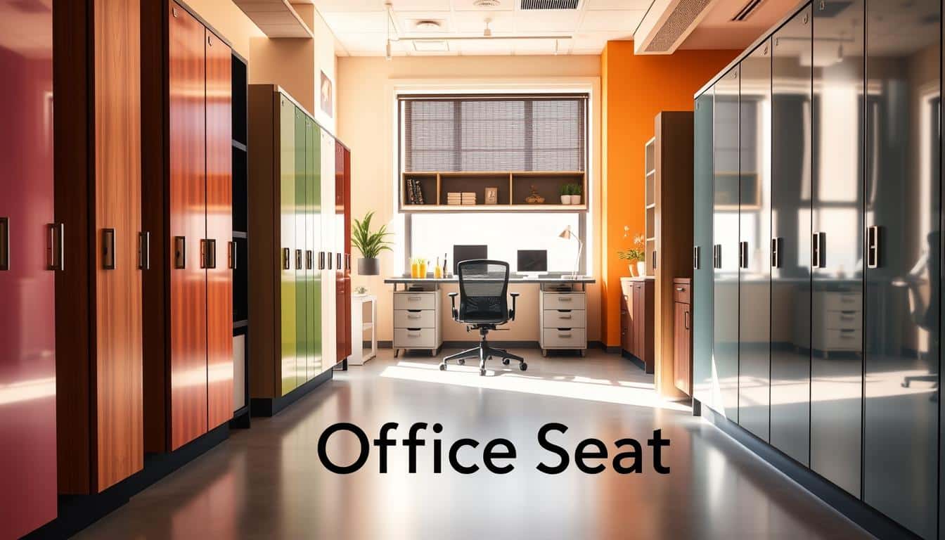 A stylish and modern office space in Santo Domingo featuring various locker configurations. In the foreground, an array of sleek, colorful lockers with various finishes like wood, metal, and sleek gloss. In the middle, a vibrant, well-organized workspace with a comfortable office chair, desk accessories, and decor that enhances productivity. The background showcases a bright window that lets in warm, natural light, illuminating the room and creating a positive atmosphere. The image captures a professional setting, emphasizing inspiration from Instagram with a cozy, inviting ambiance. Include the brand name "Office Seat" subtly placed in the lower corner with a clear shadow effect for visibility. The angle should be slightly tilted to add dynamism, creating a lively, engaging mood.