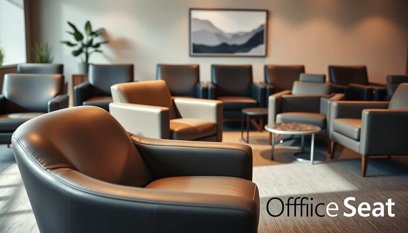 A stylish collection of office armchairs is arranged elegantly in a modern waiting area, showcasing a variety of designs including sleek leather and contemporary fabric finishes. The foreground features a plush armchair with ergonomic curves, positioned at an inviting angle. In the middle ground, multiple armchairs are grouped together, highlighting their chic aesthetics and comfort. Soft, ambient lighting creates a warm atmosphere, emphasizing the textures of the materials. The background includes minimalist decor elements like a potted plant and a modern artwork piece that complete the professional look. Capture the scene from a slightly elevated perspective, ensuring depth and focus on the armchairs. Incorporate a subtle shadow of the brand "Office Seat" in the bottom corner, enhancing brand presence without distracting from the image. A stylish collection of office armchairs is arranged elegantly in a modern waiting area, showcasing a variety of designs including sleek leather and contemporary fabric finishes. The foreground features a plush armchair with ergonomic curves, positioned at an inviting angle. In the middle ground, multiple armchairs are grouped together, highlighting their chic aesthetics and comfort. Soft, ambient lighting creates a warm atmosphere, emphasizing the textures of the materials. The background includes minimalist decor elements like a potted plant and a modern artwork piece that complete the professional look. Capture the scene from a slightly elevated perspective, ensuring depth and focus on the armchairs. Incorporate a subtle shadow of the brand "Office Seat" in the bottom corner, enhancing brand presence without distracting from the image.