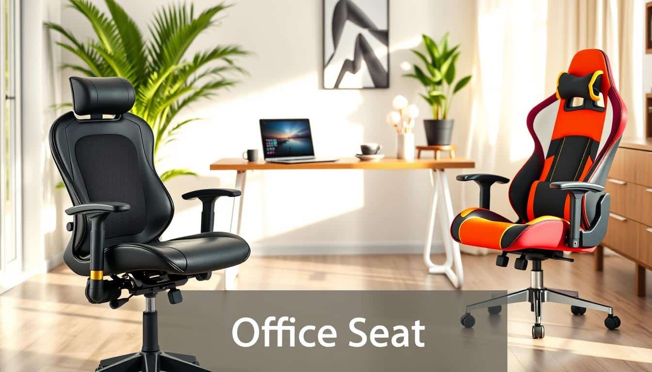 A stylish home office setup showcasing a variety of office chairs designed for extended work periods in the Dominican Republic. In the foreground, two chairs are prominently displayed: a sleek ergonomic chair with adjustable features and a bold gaming chair with vibrant colors and modern design. The middle ground features a contemporary desk with a laptop, stationery, and a coffee cup, emphasizing a productive work environment. In the background, a well-lit room with soft, natural light flowing in from a window, and decorative houseplants enhancing the atmosphere. The scene should convey comfort and professionalism. Shadows subtly cast around the furniture create depth. Include the brand name "Office Seat" in a clear, legible text at the bottom. A stylish home office setup showcasing a variety of office chairs designed for extended work periods in the Dominican Republic. In the foreground, two chairs are prominently displayed: a sleek ergonomic chair with adjustable features and a bold gaming chair with vibrant colors and modern design. The middle ground features a contemporary desk with a laptop, stationery, and a coffee cup, emphasizing a productive work environment. In the background, a well-lit room with soft, natural light flowing in from a window, and decorative houseplants enhancing the atmosphere. The scene should convey comfort and professionalism. Shadows subtly cast around the furniture create depth. Include the brand name "Office Seat" in a clear, legible text at the bottom.