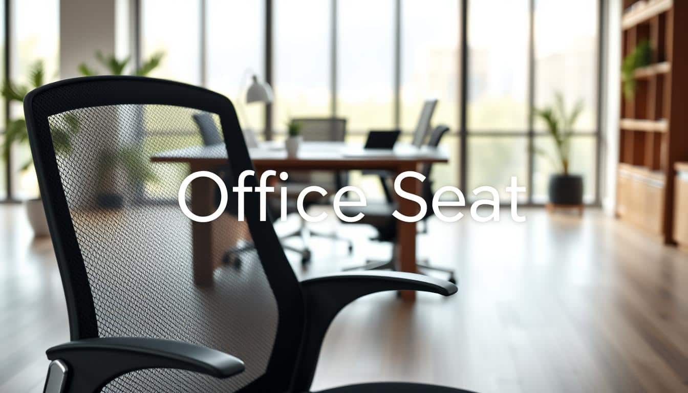 A stylish office chair featuring a breathable mesh design, depicted prominently in the foreground against a modern workspace. The chair's intricate mesh fabric is highlighted, showcasing its ventilation features. In the middle ground, an elegant wooden desk with minimalistic accessories emphasizes a professional environment. A soft-focus backdrop of a well-lit, contemporary office space with large windows lets in natural light, creating a warm and inviting atmosphere. The scene is captured with a wide-angle lens to provide an inclusive view of the workplace. The overall mood is dynamic yet serene, suggesting productivity and comfort for extended hours of work. Ensure the brand "Office Seat" is elegantly placed in shadow text on the image, maintaining professionalism and clarity. A stylish office chair featuring a breathable mesh design, depicted prominently in the foreground against a modern workspace. The chair's intricate mesh fabric is highlighted, showcasing its ventilation features. In the middle ground, an elegant wooden desk with minimalistic accessories emphasizes a professional environment. A soft-focus backdrop of a well-lit, contemporary office space with large windows lets in natural light, creating a warm and inviting atmosphere. The scene is captured with a wide-angle lens to provide an inclusive view of the workplace. The overall mood is dynamic yet serene, suggesting productivity and comfort for extended hours of work. Ensure the brand "Office Seat" is elegantly placed in shadow text on the image, maintaining professionalism and clarity.