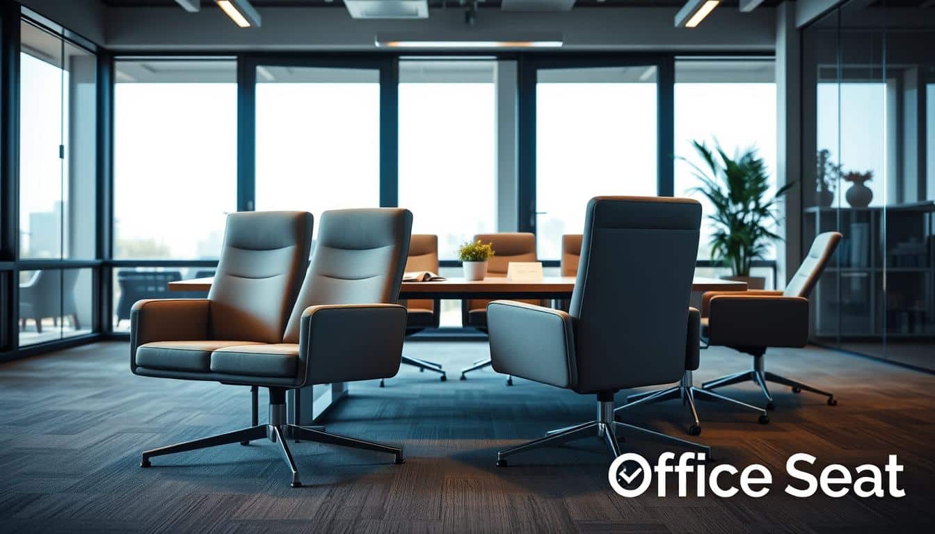 A stylish office meeting space featuring a set of "sillas tipo confidente," designed for comfort and functionality. The foreground showcases a pair of these elegant chairs in a modern office setting, upholstered in a soft, professional fabric, with a sleek frame. The middle ground includes a contemporary meeting table, adorned with minimalistic décor, such as a small plant and a notepad, suggesting a productive atmosphere. In the background, large windows allow natural light to stream in, creating a warm and inviting ambiance. The overall mood is professional and approachable. The scene captures the essence of teamwork and collaboration. Include a subtle shadow with the brand name "Office Seat" in the bottom right corner for branding purposes. A stylish office meeting space featuring a set of "sillas tipo confidente," designed for comfort and functionality. The foreground showcases a pair of these elegant chairs in a modern office setting, upholstered in a soft, professional fabric, with a sleek frame. The middle ground includes a contemporary meeting table, adorned with minimalistic décor, such as a small plant and a notepad, suggesting a productive atmosphere. In the background, large windows allow natural light to stream in, creating a warm and inviting ambiance. The overall mood is professional and approachable. The scene captures the essence of teamwork and collaboration. Include a subtle shadow with the brand name "Office Seat" in the bottom right corner for branding purposes.
