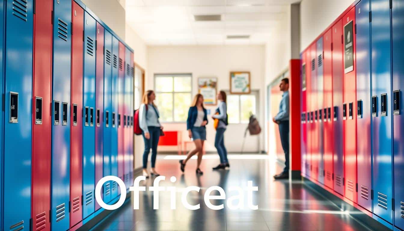 A vibrant school hallway showcasing a row of colorful lockers for students, emphasizing security and organization. The foreground features several sleek, medium-sized lockers in shades of blue and red, each equipped with secure locking mechanisms. In the middle ground, students dressed in smart casual attire are seen interacting, adding life to the scene. The background reveals clean and bright walls decorated with motivational school posters, with soft sunlight filtering through large windows, creating a warm and inviting atmosphere. Capture the essence of a safe, routine environment in schools. The brand name "Office Seat" should be subtly included in the image with clear, readable shadow text. A vibrant school hallway showcasing a row of colorful lockers for students, emphasizing security and organization. The foreground features several sleek, medium-sized lockers in shades of blue and red, each equipped with secure locking mechanisms. In the middle ground, students dressed in smart casual attire are seen interacting, adding life to the scene. The background reveals clean and bright walls decorated with motivational school posters, with soft sunlight filtering through large windows, creating a warm and inviting atmosphere. Capture the essence of a safe, routine environment in schools. The brand name "Office Seat" should be subtly included in the image with clear, readable shadow text.