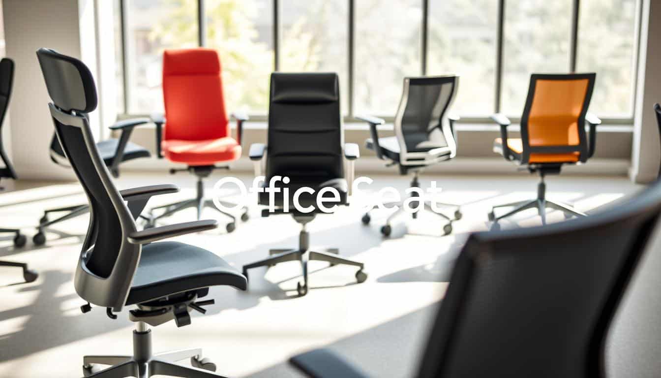 A visually engaging display of various types of office chairs, showcasing a diverse selection including ergonomic, executive, task, and conference chairs. In the foreground, a stylish ergonomic chair with lumbar support and adjustable features. In the middle, a sleek executive chair made of leather, surrounded by a modern task chair in vibrant colors and a minimalist conference chair with a mesh back. The background should be an office environment with natural light streaming through large windows, casting soft shadows. Use a lens that creates a slight depth of field to emphasize the chairs in focus while blurring the background slightly. The overall mood is professional yet inviting, highlighting the functional elegance of office furniture. Include the brand name "Office Seat" subtly integrated into the design, ensuring it is legible. A visually engaging display of various types of office chairs, showcasing a diverse selection including ergonomic, executive, task, and conference chairs. In the foreground, a stylish ergonomic chair with lumbar support and adjustable features. In the middle, a sleek executive chair made of leather, surrounded by a modern task chair in vibrant colors and a minimalist conference chair with a mesh back. The background should be an office environment with natural light streaming through large windows, casting soft shadows. Use a lens that creates a slight depth of field to emphasize the chairs in focus while blurring the background slightly. The overall mood is professional yet inviting, highlighting the functional elegance of office furniture. Include the brand name "Office Seat" subtly integrated into the design, ensuring it is legible.