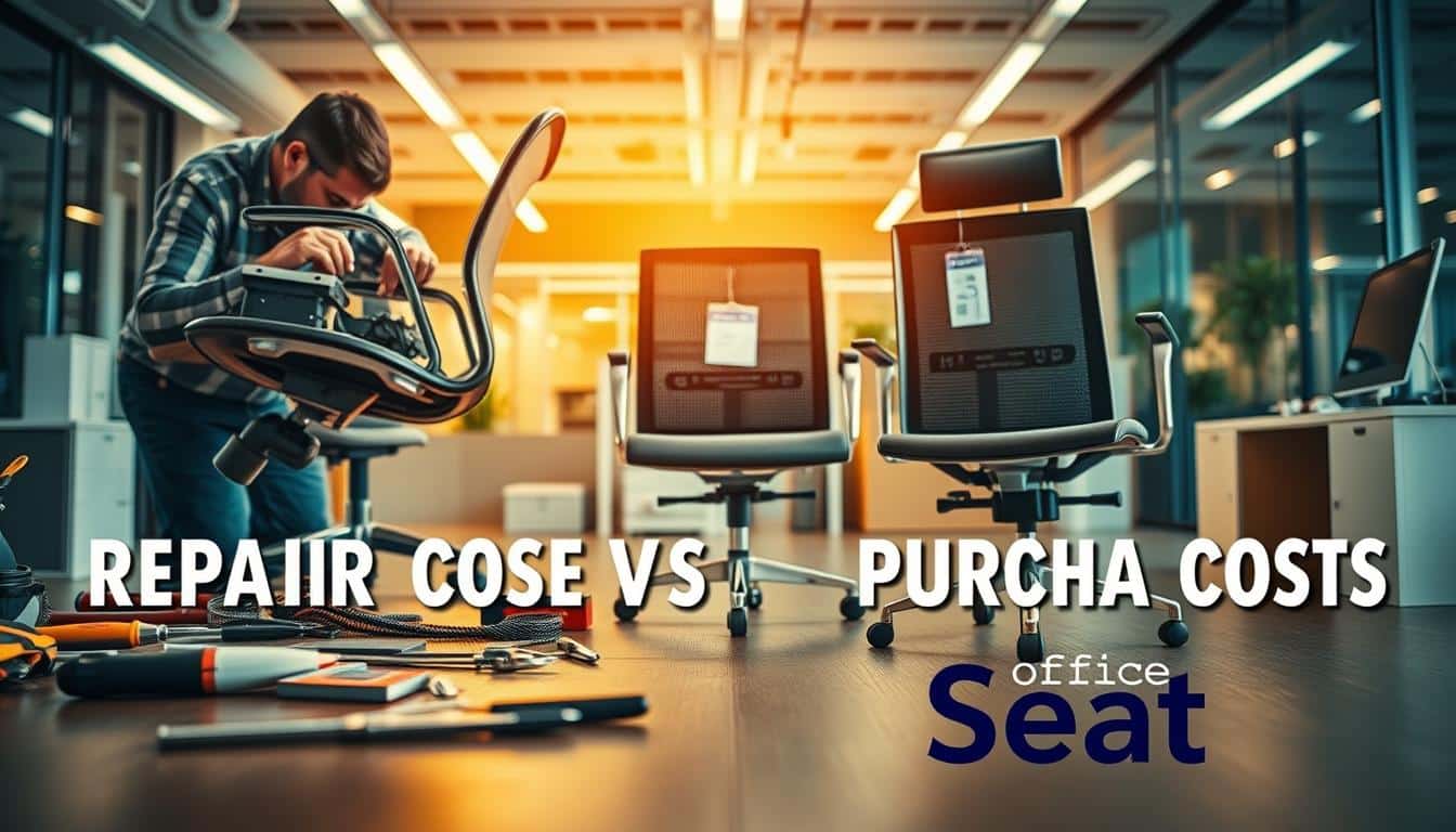 A visually engaging image contrasting "repair costs vs purchase costs" for office furniture. In the foreground, a professional repairing a chair with tools laid out, showcasing wear and tear. In the middle, a sleek new office chair ready for purchase, highlighted with a price tag. The background features a modern office setting with ambient lighting that creates a warm atmosphere, emphasizing a decision-making moment. Flashes of light reflecting off surfaces to enhance realism. Use a wide-angle lens perspective to capture both the repair and purchase items distinctly. Include the brand name "Office Seat" subtly in the lower corner with a clear, legible shadow effect, ensuring it remains the focus without text overload.