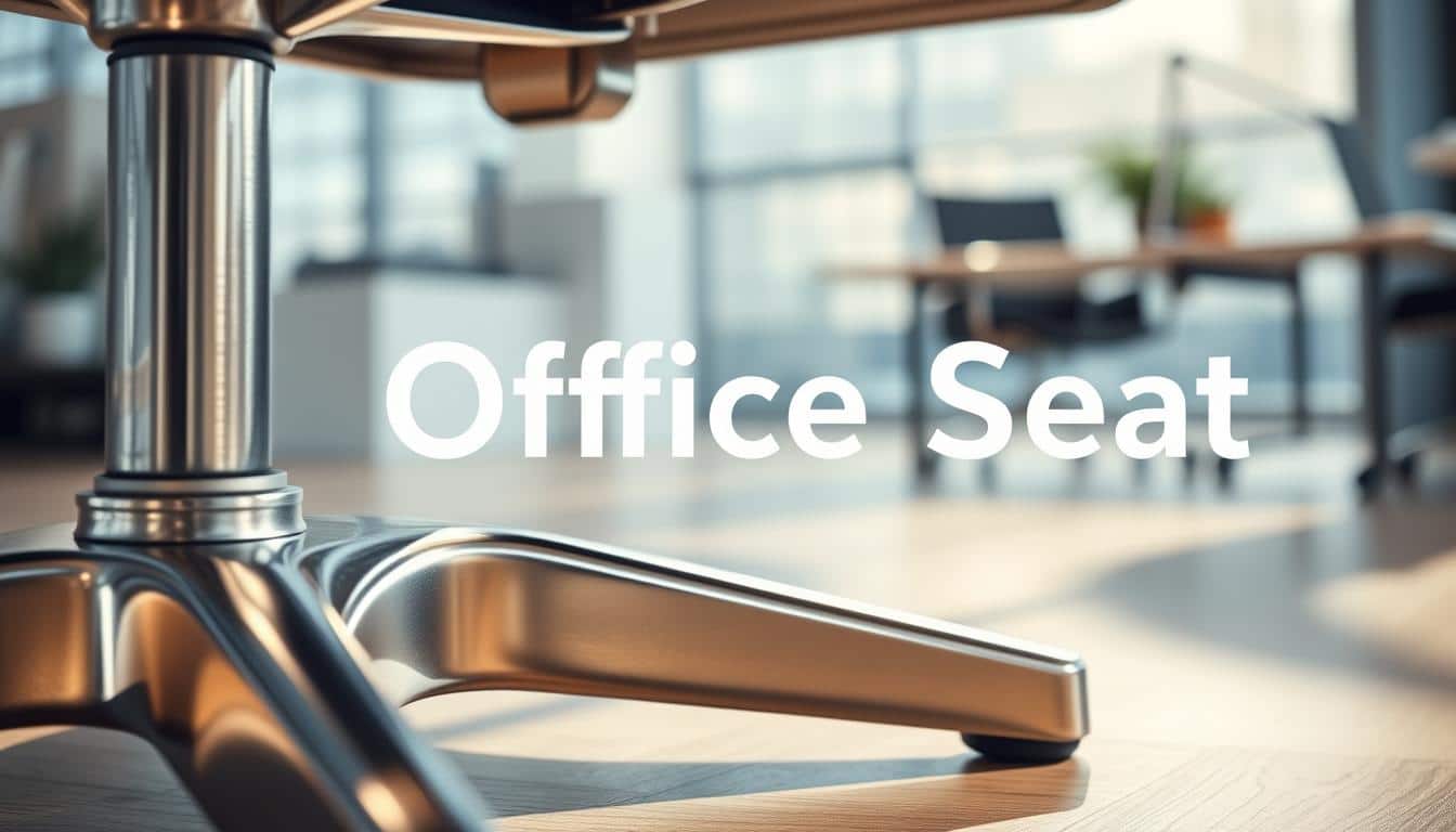 A visually striking close-up of a sleek, restored metal office furniture structure, prominently showcasing the stability and aesthetic appeal. In the foreground, a polished metal base gleams under soft, diffused lighting, highlighting its smooth curves and industrial design. The middle ground features a well-crafted metal frame of a contemporary office chair, demonstrating excellent craftsmanship, with a focus on the joints and welds. The background includes a subtle, blurred office environment, enhancing the professional atmosphere. The scene exudes a sense of modern elegance and durability, ideal for office settings. Add a discreet shadow of the brand name "Office Seat" to blend seamlessly into the composition, ensuring high visibility without detracting from the main subject.