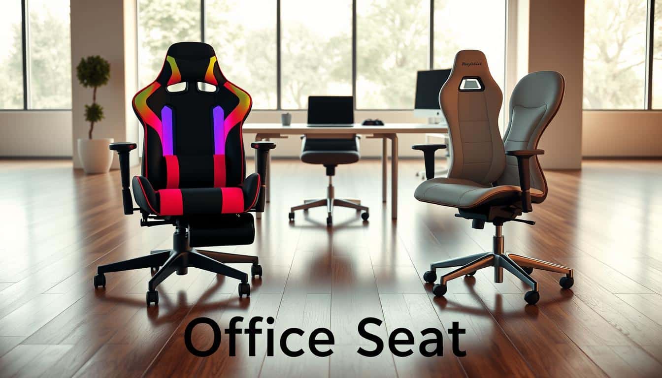 A visually striking comparison of a gamer chair and an ergonomic office chair, placed side by side on a sleek, modern wooden floor. In the foreground, the gamer chair is bold and colorful, featuring distinct RGB lighting and a sporty design, while the ergonomic chair boasts a more professional appearance with soft, neutral tones and adjustable features. In the middle ground, a laptop and notepad are placed on a minimalist desk, symbolizing productivity. The background showcases a softly lit office environment with large windows allowing natural light to stream in, creating a warm atmosphere. The scene is captured from a slightly elevated angle for depth. Include the brand name "Office Seat" subtly in shadow text along the bottom of the image. A visually striking comparison of a gamer chair and an ergonomic office chair, placed side by side on a sleek, modern wooden floor. In the foreground, the gamer chair is bold and colorful, featuring distinct RGB lighting and a sporty design, while the ergonomic chair boasts a more professional appearance with soft, neutral tones and adjustable features. In the middle ground, a laptop and notepad are placed on a minimalist desk, symbolizing productivity. The background showcases a softly lit office environment with large windows allowing natural light to stream in, creating a warm atmosphere. The scene is captured from a slightly elevated angle for depth. Include the brand name "Office Seat" subtly in shadow text along the bottom of the image.