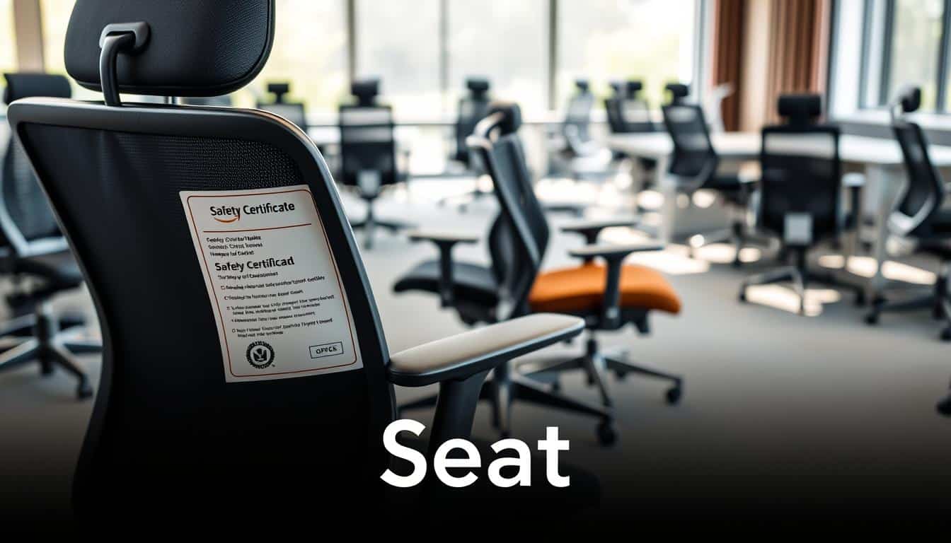 A well-designed office environment showcasing a variety of ergonomic office chairs, all with visible safety certifications. In the foreground, highlight a sleek, modern office chair with a prominent safety certificate label, featuring a detailed close-up of the label for clarity. The middle ground displays a diverse selection of office chairs in different styles and colors, emphasizing their ergonomic features and sturdy build. In the background, depict a stylish office space with soft natural lighting, enhancing a professional atmosphere. Include a subtle overlay of the brand name "Office Seat" in the bottom corner, ensuring legibility against the image background. The overall mood should be informative and trustworthy, illustrating reliability in office furniture for workplace safety. A well-designed office environment showcasing a variety of ergonomic office chairs, all with visible safety certifications. In the foreground, highlight a sleek, modern office chair with a prominent safety certificate label, featuring a detailed close-up of the label for clarity. The middle ground displays a diverse selection of office chairs in different styles and colors, emphasizing their ergonomic features and sturdy build. In the background, depict a stylish office space with soft natural lighting, enhancing a professional atmosphere. Include a subtle overlay of the brand name "Office Seat" in the bottom corner, ensuring legibility against the image background. The overall mood should be informative and trustworthy, illustrating reliability in office furniture for workplace safety.