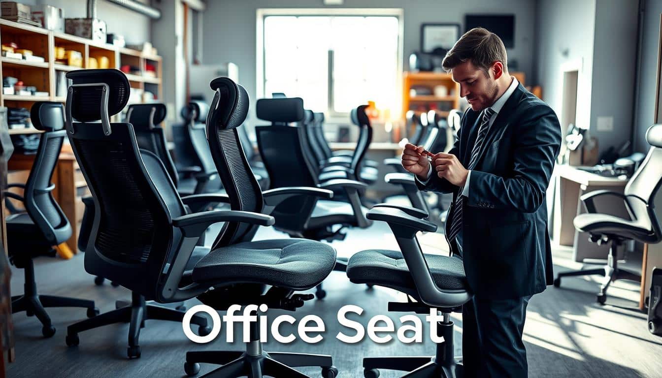 A well-lit office environment showcasing a professional maintenance scene for executive office chairs. In the foreground, a technician in business attire carefully inspects an ergonomic executive chair, examining its upholstery and structure with tools in hand. The middle ground features various office chairs in different states of repair, highlighting common issues such as torn fabric and loose screws. The background displays a neat workshop with shelves of tools and repair materials, creating an organized atmosphere. Soft natural light filters through a window, casting gentle shadows that enhance the professionalism of the scene. Prominently feature the brand name "Office Seat" in the bottom corner with a clear shadow for easy readability.