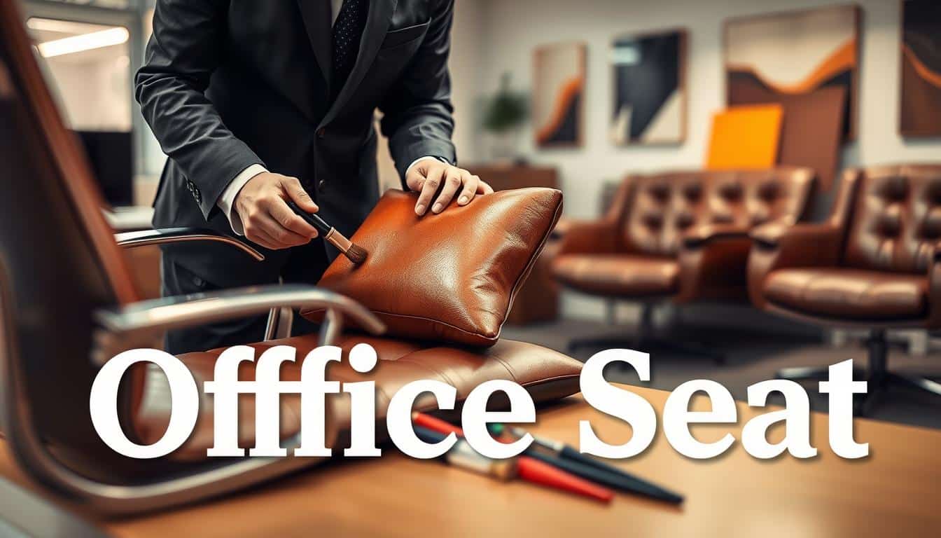 A well-lit office setting showcasing the process of leather recoloring on an elegant office chair. In the foreground, a skilled technician in professional attire carefully applies a vibrant leather dye to a faded cushion, highlighting the transformation. The middle ground features a variety of recoloring tools, such as brushes and color swatches, neatly organized on a work table. In the background, additional office furniture displays different shades of leather, illustrating options for color change. Soft, diffused lighting enhances the warm and inviting atmosphere, emphasizing the quality of the materials. The brand name "Office Seat" subtly appears in a shadow of text along the bottom of the image, ensuring clear visibility without overshadowing the technique being showcased.