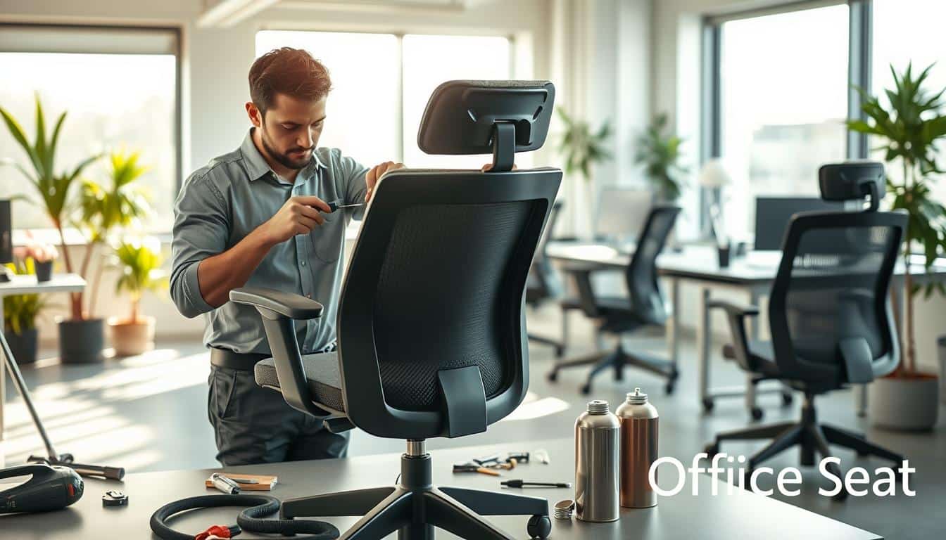 A well-lit office space featuring a skilled technician performing maintenance on an ergonomic office chair. In the foreground, focus on the technician, dressed in smart casual attire, intently inspecting the chair’s mechanism and fabric. Surrounding them, tools such as a screwdriver, a vacuum cleaner, and lubricant cans are neatly arranged on a workbench. The mid-ground shows a workstation with several chairs in various stages of repair. The background features a bright and inviting office environment with plants and warm lighting, creating a professional atmosphere. Soft, natural light streams through large windows, casting gentle shadows. Incorporate the brand name "Office Seat" subtly in the corner of the image, ensuring it remains legible.