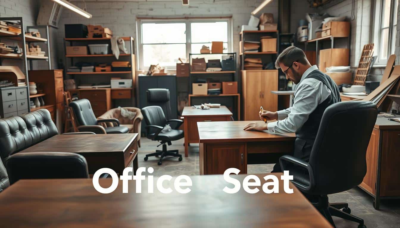 A well-lit office workshop scene focused on the restoration of office furniture. In the foreground, a skilled artisan is carefully working on a wooden desk, using tools to restore its finish, dressed in a neat, professional outfit. The middle ground showcases various pieces of office furniture being restored, including leather chairs, metal filing cabinets, and wooden desks in different stages of refurbishment. The background displays shelves filled with tools, paint, and upholstery materials, adding depth to the workspace. Natural light streams in through a large window, creating a warm and inviting atmosphere. The brand name "Office Seat" subtly embossed in the foreground shadows, ensures easy visibility while maintaining professionalism.