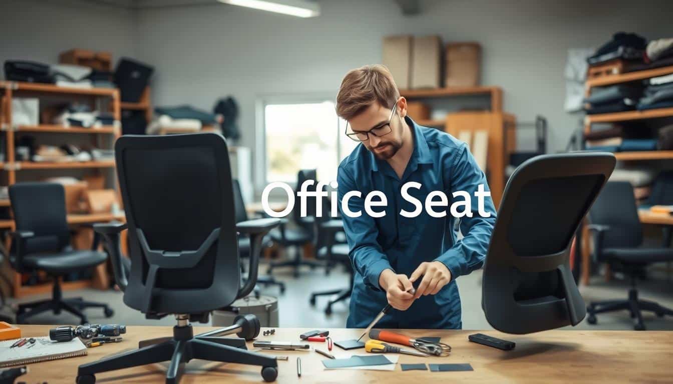 A well-lit workshop scene focused on the repair of office chairs. In the foreground, a skilled technician wearing a blue work shirt and safety glasses is carefully tightening screws on a black ergonomic chair. Tools such as a screwdriver, pliers, and patches for upholstery are organized on a nearby workbench, showcasing the intricacies of chair repairs. In the middle ground, a variety of partially disassembled office chairs can be seen, highlighting different styles and materials, like leather and mesh. In the background, shelves filled with replacement parts, upholstery fabric swatches, and a window letting in natural light create an inviting atmosphere. The overall mood is focused and industrious. Ensure the brand name "Office Seat" is subtly integrated into the image’s shadowed background for visibility without overwhelming the composition.