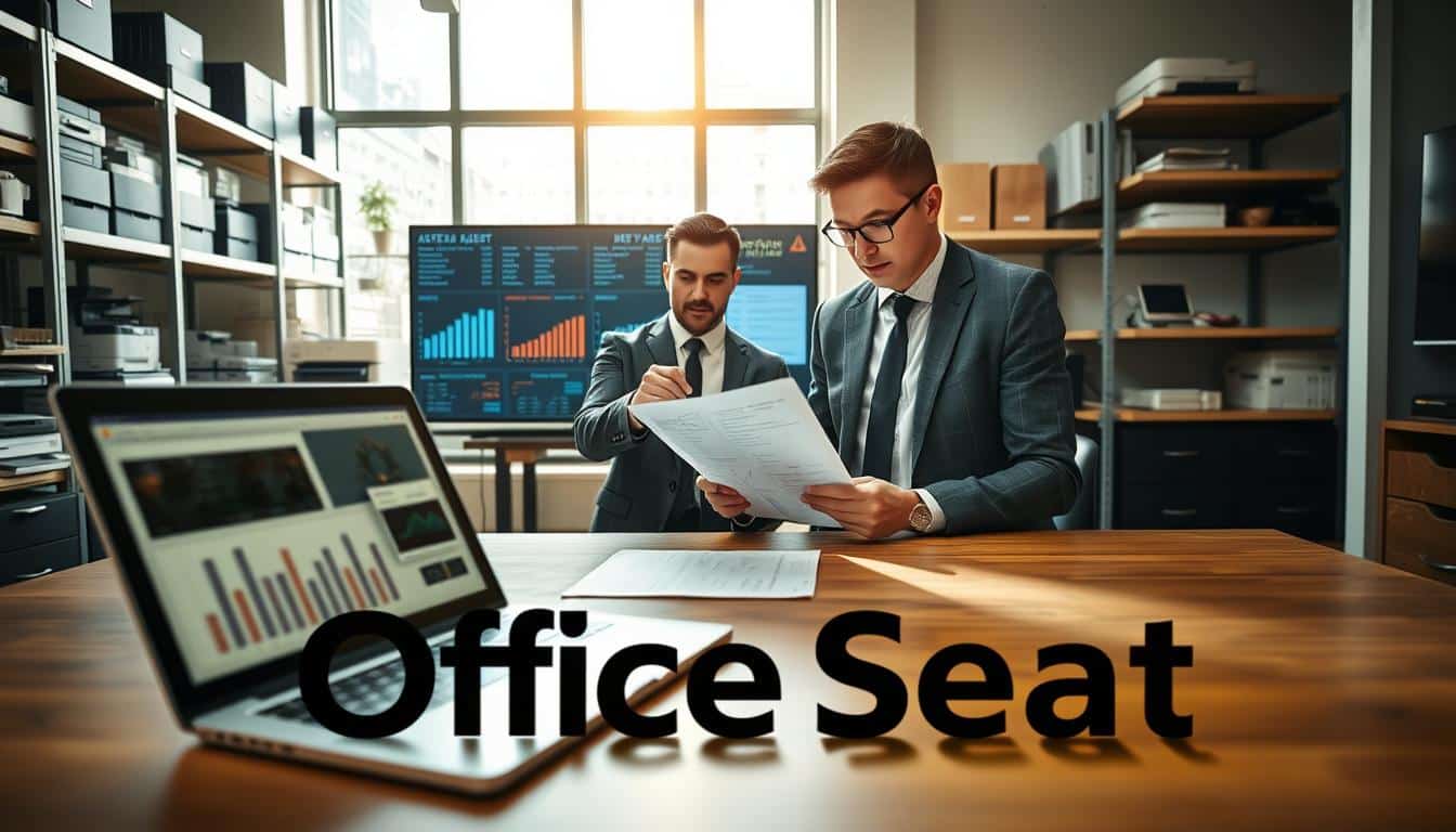 A well-organized corporate office environment depicting the concept of fixed assets management. In the foreground, a wooden desk with an open laptop showing spreadsheets and graphs related to asset tracking. In the middle, a professional dressed in business attire examines an equipment checklist, while a large digital screen displays key performance indicators and alert signals related to asset losses. The background features shelves filled with office equipment, like printers and furniture, neatly labeled, emphasizing organization. Natural daylight filters through large windows, creating a calm and professional atmosphere. The lighting should highlight the focused expressions of the individuals and the clarity of the digital screens. Include the brand name "Office Seat" subtly represented in shadow text on the desk. A well-organized corporate office environment depicting the concept of fixed assets management. In the foreground, a wooden desk with an open laptop showing spreadsheets and graphs related to asset tracking. In the middle, a professional dressed in business attire examines an equipment checklist, while a large digital screen displays key performance indicators and alert signals related to asset losses. The background features shelves filled with office equipment, like printers and furniture, neatly labeled, emphasizing organization. Natural daylight filters through large windows, creating a calm and professional atmosphere. The lighting should highlight the focused expressions of the individuals and the clarity of the digital screens. Include the brand name "Office Seat" subtly represented in shadow text on the desk.