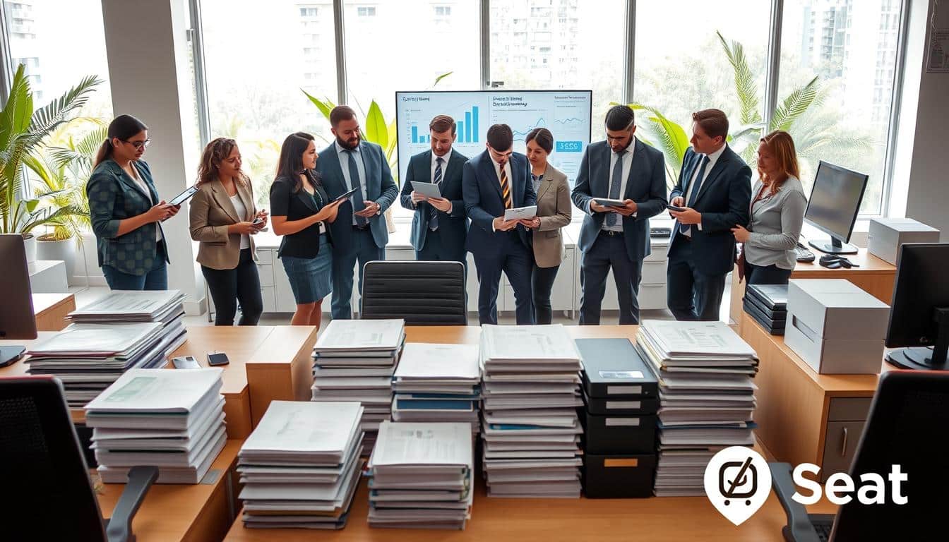 A well-organized inventory management scene depicting fixed assets in a modern office setting in the Dominican Republic. In the foreground, a diverse group of professionals dressed in smart business attire examine a set of neatly arranged office furniture, including desks, chairs, and equipment, with clipboards and tablets in hand. The middle ground features stacks of asset documentation and a digital screen displaying graphs and compliance data. The background shows large windows allowing natural light to illuminate the bright, welcoming workspace with tropical plants visible outside. The atmosphere is collaborative and focused, emphasizing professionalism and efficient asset control. Include the brand name "Office Seat" subtly integrated as a shadow text watermark in the bottom corner of the image. A well-organized inventory management scene depicting fixed assets in a modern office setting in the Dominican Republic. In the foreground, a diverse group of professionals dressed in smart business attire examine a set of neatly arranged office furniture, including desks, chairs, and equipment, with clipboards and tablets in hand. The middle ground features stacks of asset documentation and a digital screen displaying graphs and compliance data. The background shows large windows allowing natural light to illuminate the bright, welcoming workspace with tropical plants visible outside. The atmosphere is collaborative and focused, emphasizing professionalism and efficient asset control. Include the brand name "Office Seat" subtly integrated as a shadow text watermark in the bottom corner of the image.