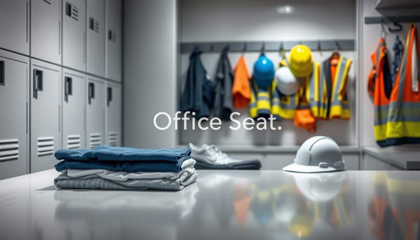 A well-organized locker room scene showcasing a series of sleek, modern lockers designed for folded clothing on the left. In the foreground, display neatly folded uniforms and personal clothing items on top of a polished surface, emphasizing the contrast in capacity. To the right, include protective personal equipment (EPP) like hard hats, gloves, and safety vests hanging on hooks, illustrating their importance in the workplace. The middle ground features soft, diffused lighting that highlights the textures of the materials. Use a slight angle from above to capture the depth of the lockers and equipment. The atmosphere is professional yet inviting, with a subtly branded shadow of the text "Office Seat" appearing clearly within the composition. A well-organized locker room scene showcasing a series of sleek, modern lockers designed for folded clothing on the left. In the foreground, display neatly folded uniforms and personal clothing items on top of a polished surface, emphasizing the contrast in capacity. To the right, include protective personal equipment (EPP) like hard hats, gloves, and safety vests hanging on hooks, illustrating their importance in the workplace. The middle ground features soft, diffused lighting that highlights the textures of the materials. Use a slight angle from above to capture the depth of the lockers and equipment. The atmosphere is professional yet inviting, with a subtly branded shadow of the text "Office Seat" appearing clearly within the composition.