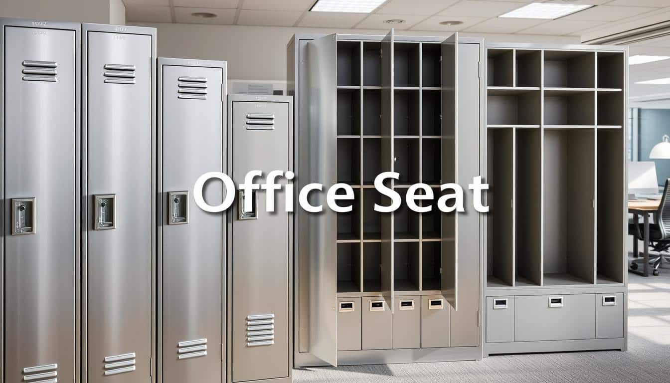 A well-organized office environment featuring a variety of metallic lockers in different sizes and configurations. In the foreground, showcase several single-door lockers, emphasizing their sleek metallic finish and modern design. In the middle ground, depict multi-compartment lockers with distinct division, highlighting their spacious interior and practical organization. The background should include an office setting with desks and chairs, subtly integrated to create a cohesive workspace atmosphere. Use bright, natural lighting to illuminate the scene, creating a professional and inviting mood. The camera angle should be slightly elevated to capture the lockers from a dynamic perspective. Include a soft shadow of the text "Office Seat" in a clear, legible style on the lockers, ensuring it blends harmoniously with the overall image. A well-organized office environment featuring a variety of metallic lockers in different sizes and configurations. In the foreground, showcase several single-door lockers, emphasizing their sleek metallic finish and modern design. In the middle ground, depict multi-compartment lockers with distinct division, highlighting their spacious interior and practical organization. The background should include an office setting with desks and chairs, subtly integrated to create a cohesive workspace atmosphere. Use bright, natural lighting to illuminate the scene, creating a professional and inviting mood. The camera angle should be slightly elevated to capture the lockers from a dynamic perspective. Include a soft shadow of the text "Office Seat" in a clear, legible style on the lockers, ensuring it blends harmoniously with the overall image.