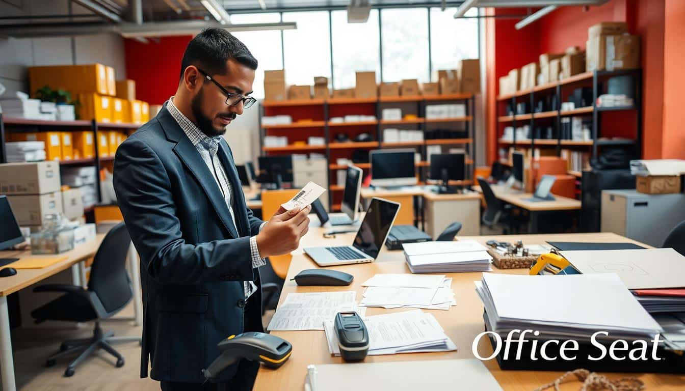 A well-organized office environment showcasing identification of fixed assets in the Dominican Republic. In the foreground, a professional-looking employee in business attire examines asset tags on various equipment, such as computers, furniture, and machinery. The middle ground features a table stacked with paperwork, laptops, and a barcode scanner, illustrating the process of cataloging assets. In the background, a modern office setting with vibrant colors, large windows letting in natural light, and shelves filled with organized boxes and supplies creates a sense of productivity. The atmosphere is one of diligence and efficiency. The image should include a subtle watermark with the brand name "Office Seat" in an elegant font.