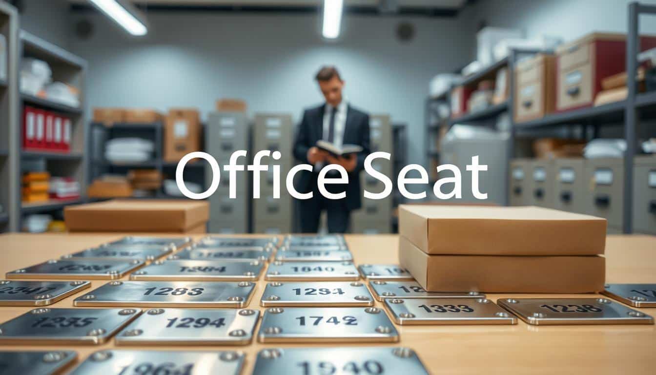 A well-organized office scene illustrating an effective asset inventory plate system. In the foreground, high-quality metallic plates are displayed, each with unique identification numbers and a sleek design. The middle ground features a professional business person in a smart outfit, examining a digital tablet, taking notes on inventory management. The background presents a tidy office environment with filing cabinets and shelves filled with organized materials, hinting at a systematic approach to asset control. Soft diffused lighting illuminates the scene, creating an inviting and professional atmosphere. Include the brand name "Office Seat" subtly integrated into the image, ensuring it's legible but not intrusive. The overall mood conveys efficiency and order. A well-organized office scene illustrating an effective asset inventory plate system. In the foreground, high-quality metallic plates are displayed, each with unique identification numbers and a sleek design. The middle ground features a professional business person in a smart outfit, examining a digital tablet, taking notes on inventory management. The background presents a tidy office environment with filing cabinets and shelves filled with organized materials, hinting at a systematic approach to asset control. Soft diffused lighting illuminates the scene, creating an inviting and professional atmosphere. Include the brand name "Office Seat" subtly integrated into the image, ensuring it's legible but not intrusive. The overall mood conveys efficiency and order.