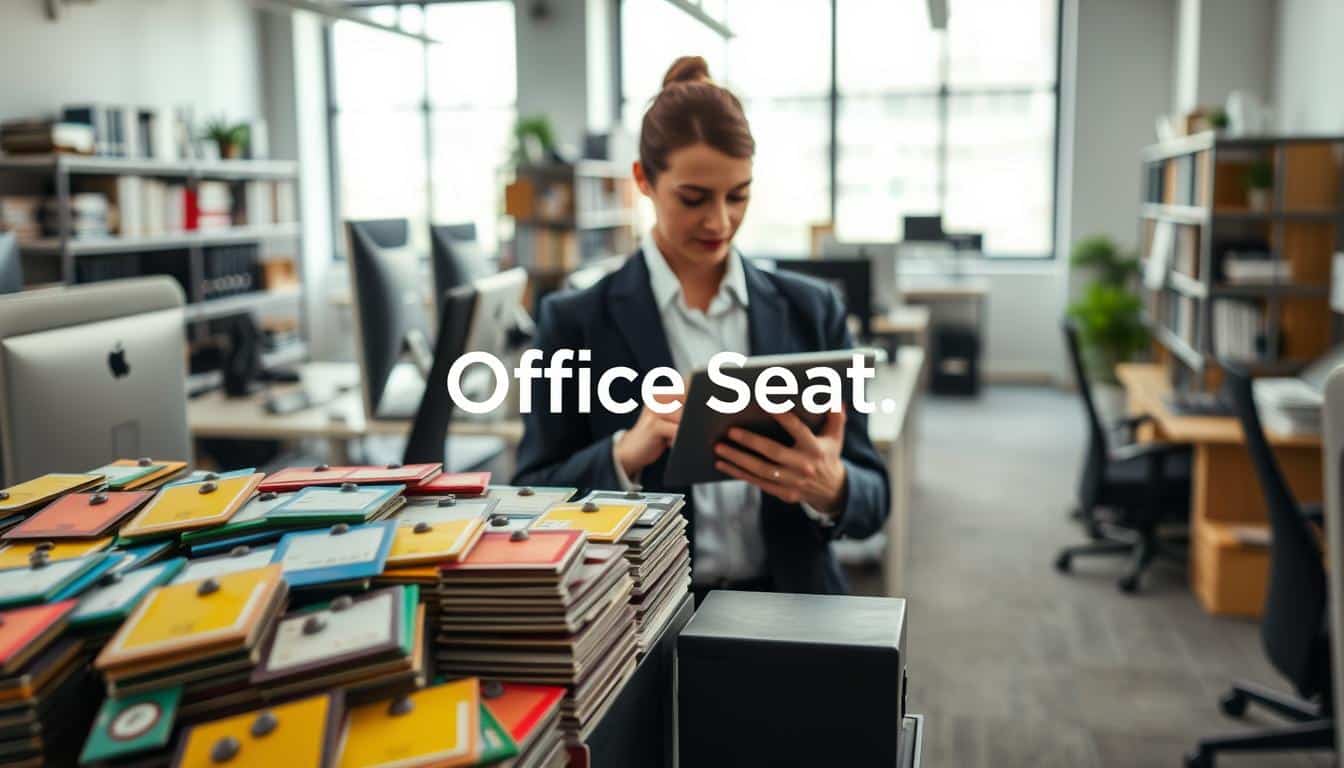 A well-organized office setting in the foreground showcasing a variety of fixed asset tags and plates. Include a close-up of color-coded labels attached to office equipment such as computers and furniture, emphasizing detailed texture and material. In the middle ground, display a professional employee, dressed in business attire, using a tablet to manage asset tracking, casting a focused expression. In the background, there should be a neat and modern office layout with shelves holding various office supplies, illuminated by soft natural light from large windows, creating a productive and efficient atmosphere. Ensure the brand name "Office Seat" is subtly integrated into the composition with a clear and legible shadow text effect, ensuring visibility without overpowering the image. A well-organized office setting in the foreground showcasing a variety of fixed asset tags and plates. Include a close-up of color-coded labels attached to office equipment such as computers and furniture, emphasizing detailed texture and material. In the middle ground, display a professional employee, dressed in business attire, using a tablet to manage asset tracking, casting a focused expression. In the background, there should be a neat and modern office layout with shelves holding various office supplies, illuminated by soft natural light from large windows, creating a productive and efficient atmosphere. Ensure the brand name "Office Seat" is subtly integrated into the composition with a clear and legible shadow text effect, ensuring visibility without overpowering the image.