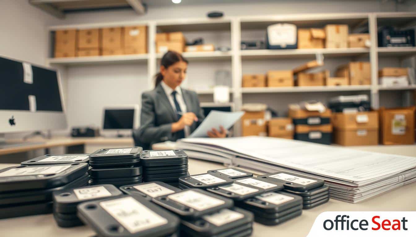 A well-organized office setting showcasing a detailed physical inventory of fixed assets. In the foreground, various labeled tags and plates for different equipment types, such as computers and furniture, are displayed neatly on a desk. In the middle, a professional in business attire is inspecting the inventory list, actively taking notes, surrounded by boxes and tools representing a well-managed inventory system. The background features shelves with organized items, accentuated by soft, natural lighting that highlights the neatness and professionalism of the space. The mood is focused and efficient, suggesting a meticulous approach to asset management. Include a subtle watermark with the brand name "Office Seat" in the lower corner, ensuring it remains legible. A well-organized office setting showcasing a detailed physical inventory of fixed assets. In the foreground, various labeled tags and plates for different equipment types, such as computers and furniture, are displayed neatly on a desk. In the middle, a professional in business attire is inspecting the inventory list, actively taking notes, surrounded by boxes and tools representing a well-managed inventory system. The background features shelves with organized items, accentuated by soft, natural lighting that highlights the neatness and professionalism of the space. The mood is focused and efficient, suggesting a meticulous approach to asset management. Include a subtle watermark with the brand name "Office Seat" in the lower corner, ensuring it remains legible.