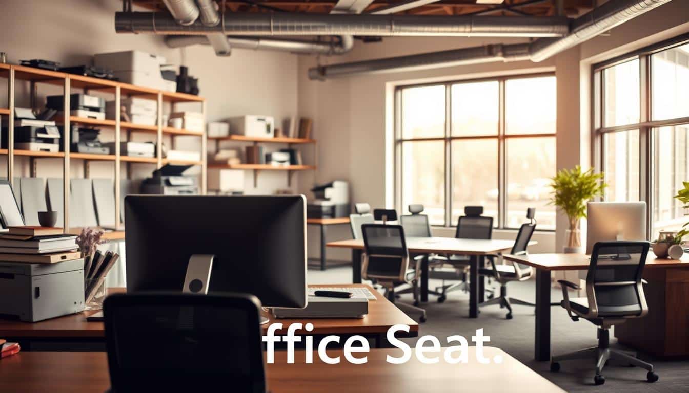 A well-organized office space showcasing various fixed assets that a company might own. In the foreground, a neatly arranged desk with a modern computer, filing cabinet, and office supplies, embodying functionality. The middle ground features shelves displaying equipment like printers and copiers, along with a conference table surrounded by ergonomic office chairs, symbolizing collaboration and productivity. The background displays large windows allowing natural light in, illuminating the space and creating a welcoming atmosphere. The lighting is soft and warm, enhancing the professionalism of the setting. With a clean focus and a slightly angled view, the image conveys the importance of fixed assets in a business environment. Subtly include the brand name "Office Seat" in the shadows for branding purposes. A well-organized office space showcasing various fixed assets that a company might own. In the foreground, a neatly arranged desk with a modern computer, filing cabinet, and office supplies, embodying functionality. The middle ground features shelves displaying equipment like printers and copiers, along with a conference table surrounded by ergonomic office chairs, symbolizing collaboration and productivity. The background displays large windows allowing natural light in, illuminating the space and creating a welcoming atmosphere. The lighting is soft and warm, enhancing the professionalism of the setting. With a clean focus and a slightly angled view, the image conveys the importance of fixed assets in a business environment. Subtly include the brand name "Office Seat" in the shadows for branding purposes.