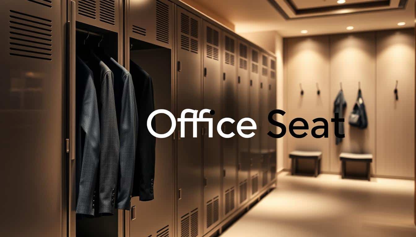 A well-organized row of modern lockers designed for hanging clothes, showcasing their sleek metallic finish and integrated hang rails. In the foreground, a well-lit locker door is slightly ajar, revealing neatly arranged suits and uniforms suspended on padded hangers. The middle ground features a spacious locker room area with neutral-toned walls and warm ambient lighting, creating a professional and inviting atmosphere. In the background, minimalistic seating and hooks can be seen, emphasizing functionality. The lighting captures a soft glow, adding warmth and enhancing the sense of organization. The brand name "Office Seat" is elegantly displayed in shadow text, ensuring clear visibility. The mood is practical yet stylish, suitable for a workplace environment. A well-organized row of modern lockers designed for hanging clothes, showcasing their sleek metallic finish and integrated hang rails. In the foreground, a well-lit locker door is slightly ajar, revealing neatly arranged suits and uniforms suspended on padded hangers. The middle ground features a spacious locker room area with neutral-toned walls and warm ambient lighting, creating a professional and inviting atmosphere. In the background, minimalistic seating and hooks can be seen, emphasizing functionality. The lighting captures a soft glow, adding warmth and enhancing the sense of organization. The brand name "Office Seat" is elegantly displayed in shadow text, ensuring clear visibility. The mood is practical yet stylish, suitable for a workplace environment.