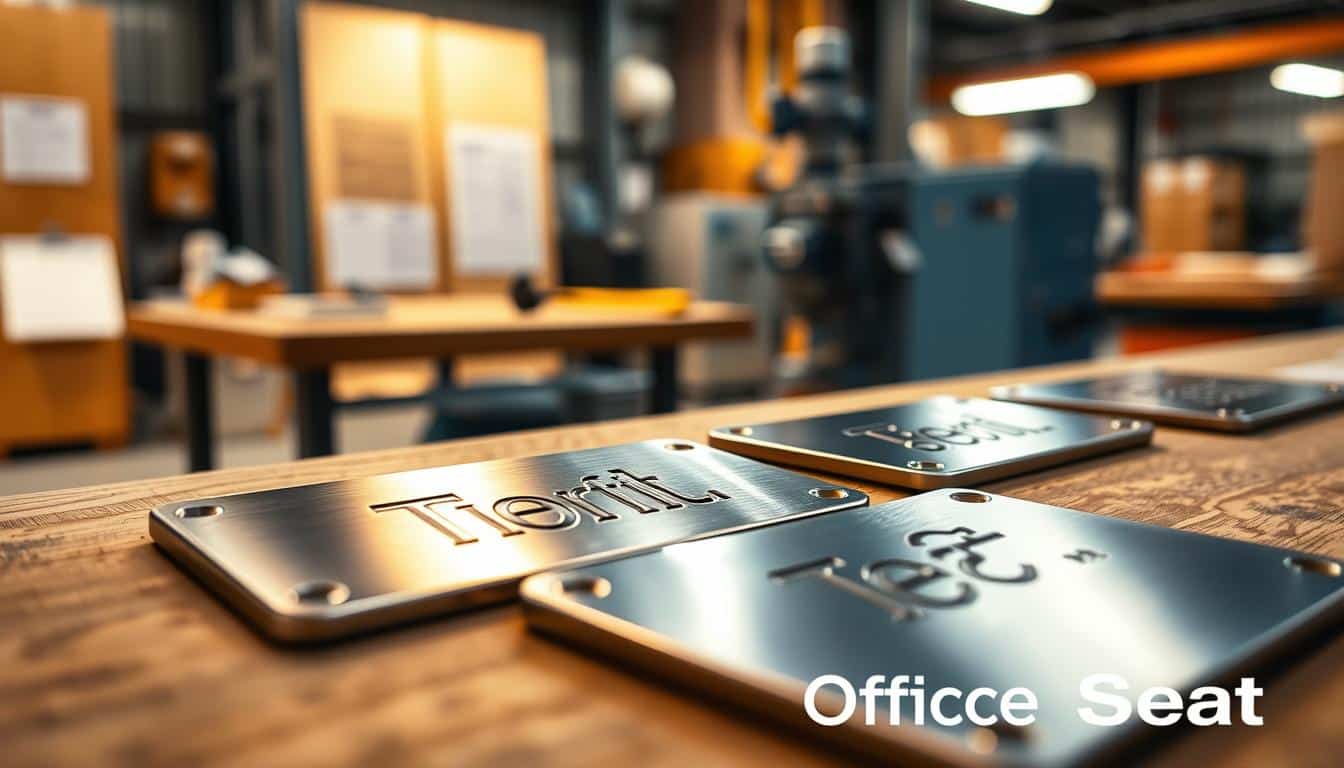 An industrial scene showcasing durable asset plates accurately engraved and designed for long-lasting readability. In the foreground, display a close-up of shiny, metal identification plates, with crisp, bold lettering reflecting the light subtly. The middle ground should feature an organized workspace—wooden desk and tools like engraving machines, adding context to the manufacturing process. The background includes a blurred factory setting with soft, warm lighting illuminating the area, creating an inviting but professional atmosphere. Ensure to include the brand name "Office Seat" visibly placed in the lower corner of the image, with a clear shadow effect for readability. The overall mood should convey professionalism and reliability, emphasizing the significance of high-quality identification plates in asset management.