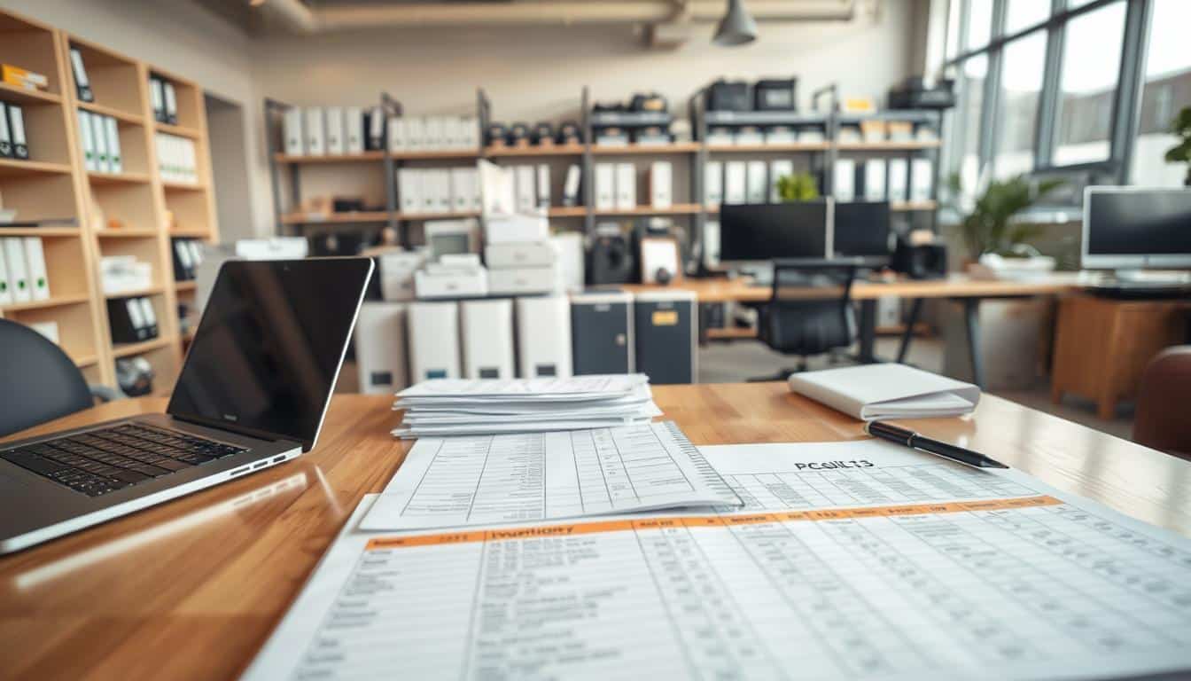 An organized office environment showcasing an inventory of fixed assets. In the foreground, a clear wooden table displays detailed inventory sheets, a ledger, and a laptop, with highlighted columns for important asset information. In the middle, various labeled asset items—like office furniture, computers, and equipment—are neatly arranged, each clearly visible and tagged. In the background, a modern office setting with soft lighting illuminates the space, featuring shelves lined with more inventory records and a large window allowing natural light to fill the room. The mood is professional and efficient, conveying a sense of organization and clarity. Incorporate the brand name "Office Seat" subtly in the corner with a shadow effect for clear visibility. An organized office environment showcasing an inventory of fixed assets. In the foreground, a clear wooden table displays detailed inventory sheets, a ledger, and a laptop, with highlighted columns for important asset information. In the middle, various labeled asset items—like office furniture, computers, and equipment—are neatly arranged, each clearly visible and tagged. In the background, a modern office setting with soft lighting illuminates the space, featuring shelves lined with more inventory records and a large window allowing natural light to fill the room. The mood is professional and efficient, conveying a sense of organization and clarity. Incorporate the brand name "Office Seat" subtly in the corner with a shadow effect for clear visibility.