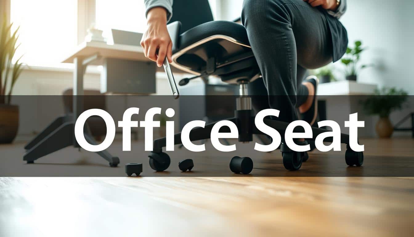 An organized workspace with a professional atmosphere, featuring a close-up view of an office chair with its wheels being replaced. In the foreground, a person in business casual clothing is kneeling beside the chair, using a wrench to remove the old caster wheels. The middle layer showcases the office chair on a wooden floor, with two of the old wheels removed and new wheels ready to be installed. The background includes a modern office setting with a desk, plants, and soft natural lighting pouring in from a nearby window, creating a bright and welcoming environment. The brand name "Office Seat" is subtly integrated into the shadow of the image for clear visibility.
