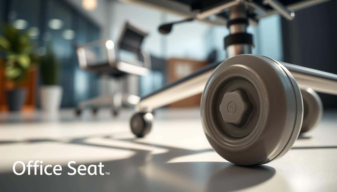Close-up of a set of office chair wheels made from high-quality polyurethane, showcasing their sleek design and durability. In the foreground, focus on the shiny polyurethane material reflecting soft light to emphasize its smooth texture. The middle ground features the wheels attached to a modern office chair, demonstrating their compatibility. The background includes a blurred office environment with soft lighting that creates a professional atmosphere. The camera angle is slightly above eye level to capture the wheels from a dynamic perspective. The mood conveys a sense of professionalism and quality, highlighting the benefits of using polyurethane for office chair wheels. Include a subtle, legible shadow of the brand name "Office Seat" in the corner.