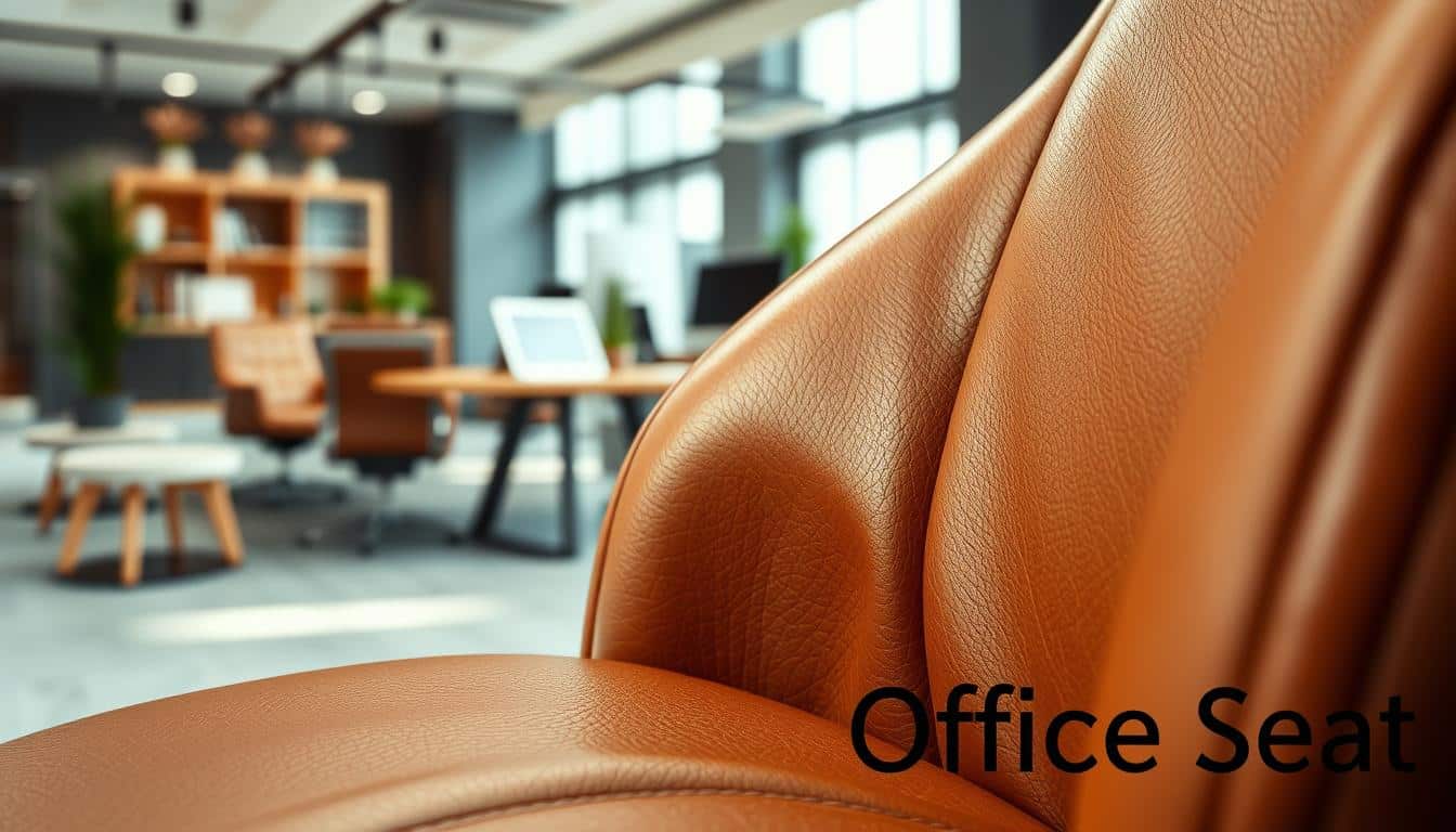 Close-up of luxurious leather upholstery, showcasing a detailed texture with rich grains and smooth finishes. The foreground features a section of an office chair, highlighting the craftsmanship and processes of leather tanning that enhance durability and aesthetics. In the middle ground, a stylish office workspace with contemporary furniture and soft, natural lighting creates an inviting atmosphere. The background includes a blurred view of a well-organized office setting. The mood is professional yet warm, reflecting quality and sophistication. The brand name "Office Seat" subtly integrated into the lower corner with a shadow effect, ensuring legibility without overpowering the image.