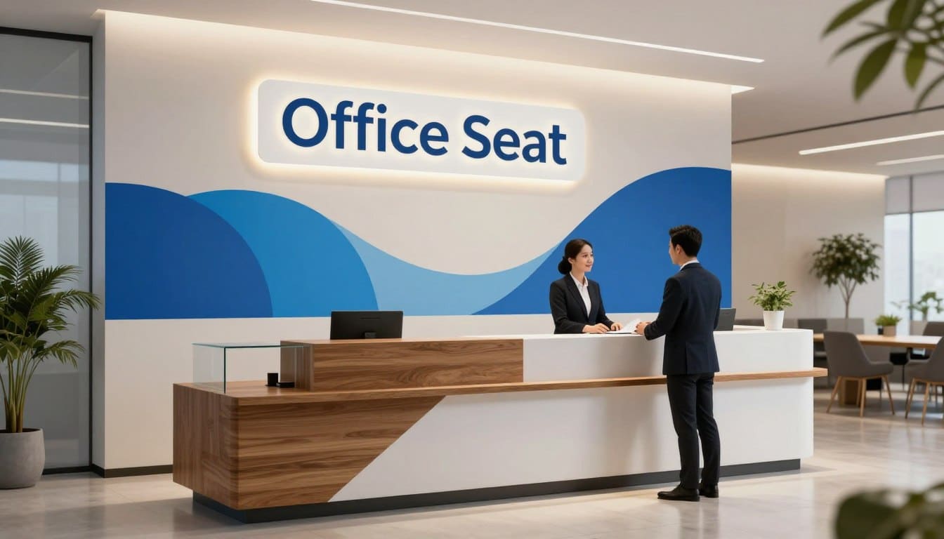 Counter de recepcion con identidad de marca corporativa integrada