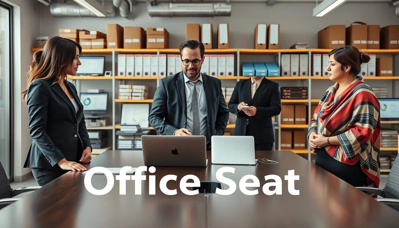 Create a professional and captivating image representing "asset management" in a dynamic office environment. In the foreground, a diverse group of three business professionals (a woman in a tailored suit, a man in a smart shirt and blazer, and a woman in modest casual clothing) is engaged in active discussion around a sleek conference table. In the middle ground, an organized workspace is visible, featuring neatly arranged documents, laptops displaying charts, and inventory lists on digital screens. The background shows shelves filled with labeled folders and assets. Use natural lighting to create a bright, focused atmosphere. Capture the scene with a medium shot to highlight the interaction and detailed elements of the workspace. Ensure the brand name "Office Seat" is subtly integrated with a shadow effect for easy visibility on a surface within the office space. Create a professional and captivating image representing "asset management" in a dynamic office environment. In the foreground, a diverse group of three business professionals (a woman in a tailored suit, a man in a smart shirt and blazer, and a woman in modest casual clothing) is engaged in active discussion around a sleek conference table. In the middle ground, an organized workspace is visible, featuring neatly arranged documents, laptops displaying charts, and inventory lists on digital screens. The background shows shelves filled with labeled folders and assets. Use natural lighting to create a bright, focused atmosphere. Capture the scene with a medium shot to highlight the interaction and detailed elements of the workspace. Ensure the brand name "Office Seat" is subtly integrated with a shadow effect for easy visibility on a surface within the office space.