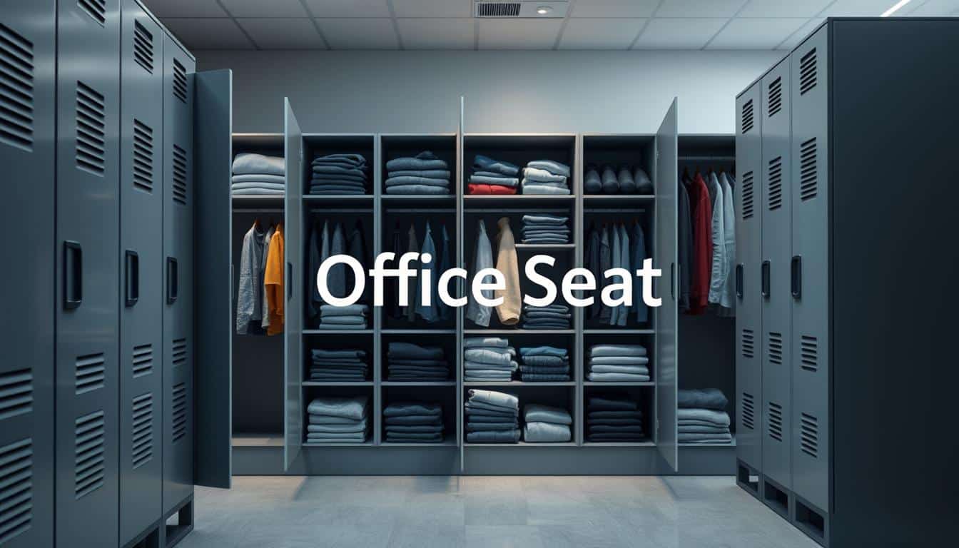 Create a visually appealing and well-organized image of "folded clothing lockers" designed for optimal internal configuration that supports folded garments and odor separation. In the foreground, showcase multiple lockers featuring sleek, modern designs with ventilation systems and dividers to keep clothes fresh and organized. In the middle ground, display a variety of neatly folded clothes in different compartments, accented by soft lighting that highlights the textures and colors of the fabrics. In the background, incorporate a workspace environment with soft, diffused lighting, creating a balanced, inviting atmosphere. The scene should evoke a sense of structure and efficiency, symbolizing the benefits of using these lockers for clothing management. Include the brand name "Office Seat" subtly positioned within the shadows of the image to ensure clear visibility. Create a visually appealing and well-organized image of "folded clothing lockers" designed for optimal internal configuration that supports folded garments and odor separation. In the foreground, showcase multiple lockers featuring sleek, modern designs with ventilation systems and dividers to keep clothes fresh and organized. In the middle ground, display a variety of neatly folded clothes in different compartments, accented by soft lighting that highlights the textures and colors of the fabrics. In the background, incorporate a workspace environment with soft, diffused lighting, creating a balanced, inviting atmosphere. The scene should evoke a sense of structure and efficiency, symbolizing the benefits of using these lockers for clothing management. Include the brand name "Office Seat" subtly positioned within the shadows of the image to ensure clear visibility.