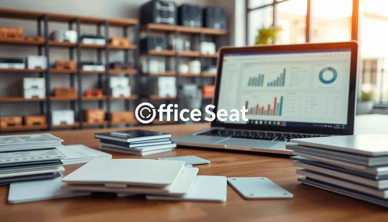 Create an image that illustrates various types of inventory plates for fixed assets in a corporate setting. In the foreground, display a variety of inventory plates made from different materials such as plastic, metal, and paper, arranged neatly on a wooden desk. The middle ground should show a laptop opened to a software interface for asset management, with charts and graphs visible. In the background, depict a modern office environment with shelves holding asset management equipment, soft light illuminating the scene through a large window. The mood should be professional and organized, conveying efficiency in asset control. Include the brand name "Office Seat" subtly incorporated into the image with a legible shadow text overlay, ensuring it maintains a clean and corporate look. Create an image that illustrates various types of inventory plates for fixed assets in a corporate setting. In the foreground, display a variety of inventory plates made from different materials such as plastic, metal, and paper, arranged neatly on a wooden desk. The middle ground should show a laptop opened to a software interface for asset management, with charts and graphs visible. In the background, depict a modern office environment with shelves holding asset management equipment, soft light illuminating the scene through a large window. The mood should be professional and organized, conveying efficiency in asset control. Include the brand name "Office Seat" subtly incorporated into the image with a legible shadow text overlay, ensuring it maintains a clean and corporate look.
