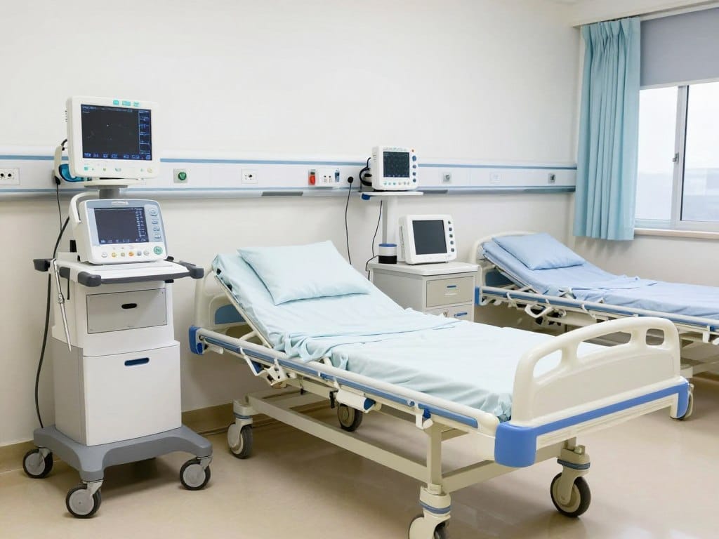 Equipos médicos y camas hospitalarias en instalación de salud