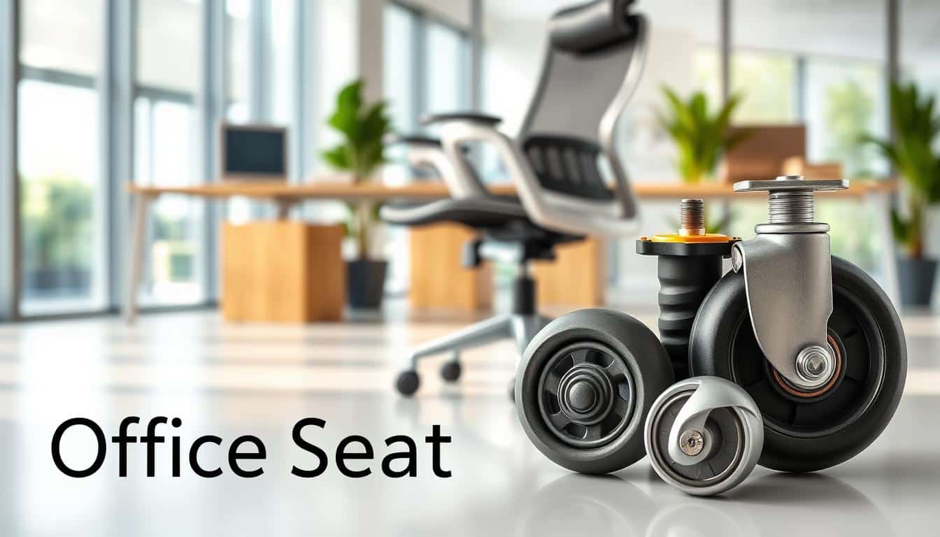 Illustrate a collection of office chair wheels prominently displayed in the foreground, showcasing various designs and materials, such as durable rubber, sleek plastic, and metallic options. In the middle ground, capture a modern office setting with a stylish ergonomic chair that highlights where these wheels would be attached, symbolizing comfort and productivity. The background should feature a well-lit, inviting workspace with natural light filtering through large windows, creating an atmosphere of professionalism. Use a shallow depth of field to focus on the wheels while softly blurring the office surroundings. Include the brand name "Office Seat" subtly placed in the shadow of the image for brand visibility. Aim for a clean, polished look that conveys the importance of choosing the right wheels for optimum comfort and productivity in a work environment.