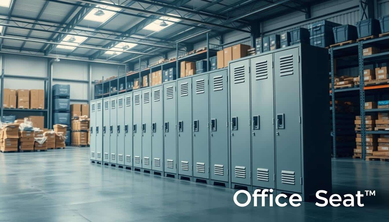 In a spacious warehouse setting, create an image of robust, practical lockers designed for storage. The foreground features a row of metallic lockers in various sizes, showcasing their functional design with secure locks and ventilation slots. Use a cool color palette, focusing on shades of gray and blue to convey a professional atmosphere. In the middle ground, include organized piles of boxes and tools, emphasizing order and efficiency. The background should depict high shelves with labeled bins, furthering the sense of a well-managed storage space. Soft, diffused lighting filters through overhead fixtures, casting gentle shadows. The mood should be one of reliability and security. Ensure the brand "Office Seat" is subtly integrated in the lower right corner as a shadowed text. In a spacious warehouse setting, create an image of robust, practical lockers designed for storage. The foreground features a row of metallic lockers in various sizes, showcasing their functional design with secure locks and ventilation slots. Use a cool color palette, focusing on shades of gray and blue to convey a professional atmosphere. In the middle ground, include organized piles of boxes and tools, emphasizing order and efficiency. The background should depict high shelves with labeled bins, furthering the sense of a well-managed storage space. Soft, diffused lighting filters through overhead fixtures, casting gentle shadows. The mood should be one of reliability and security. Ensure the brand "Office Seat" is subtly integrated in the lower right corner as a shadowed text.