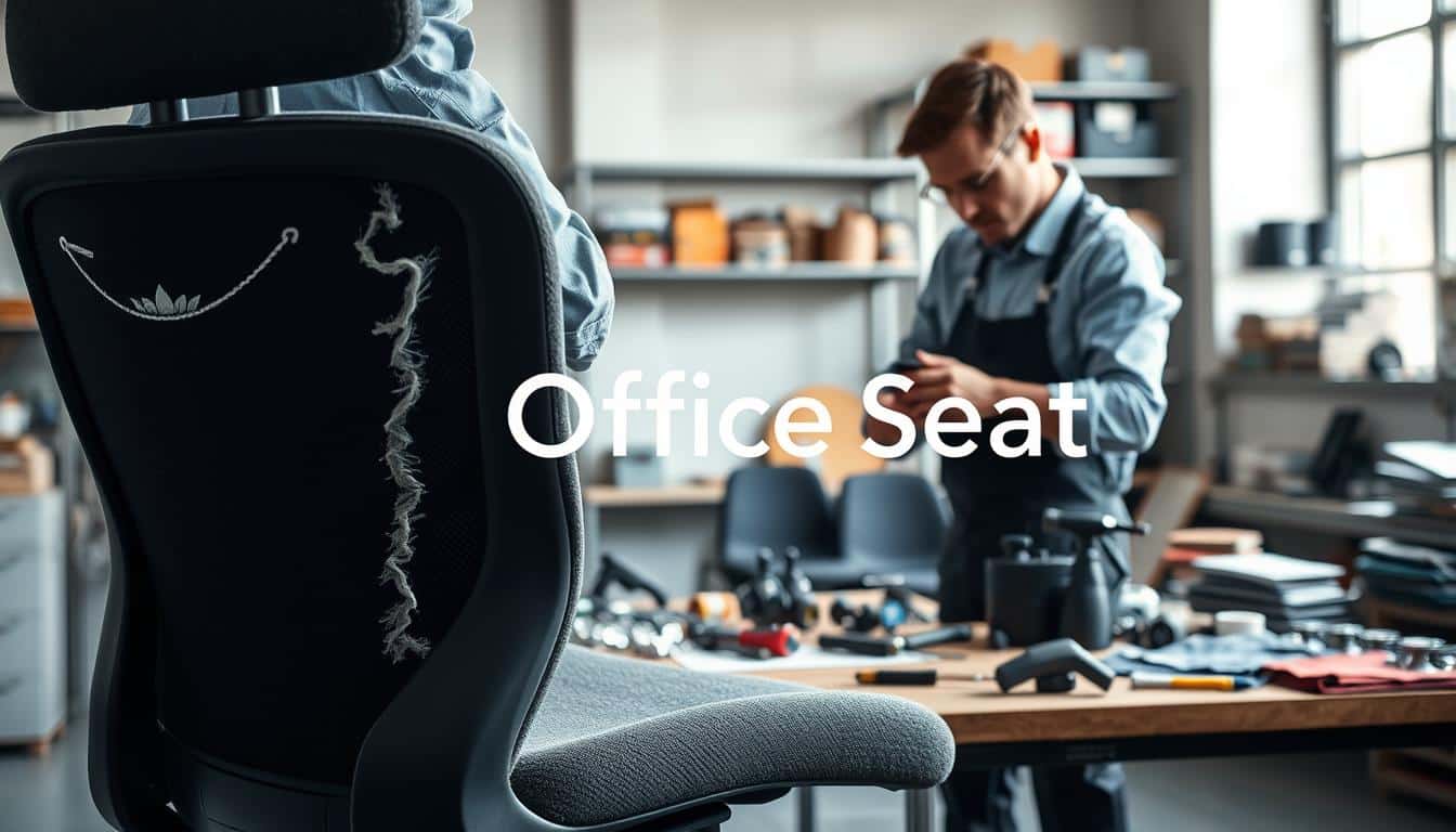 In a well-lit workshop, a skilled technician in professional attire is carefully repairing an office chair, focusing on the lumbar support mechanism. The foreground features a detailed view of the chair, showcasing its torn fabric being replaced with high-quality upholstery. In the middle ground, various office chair parts are organized neatly on a workbench, surrounded by tools like screwdrivers and fabric swatches, highlighting the repair process. The background shows shelves stocked with spare parts and repair supplies, contributing to a professional and organized atmosphere. Soft, natural lighting emphasizes the craftsmanship of the technician, with the brand name "Office Seat" subtly integrated in the shadows of the image, ensuring clear visibility without distractions.