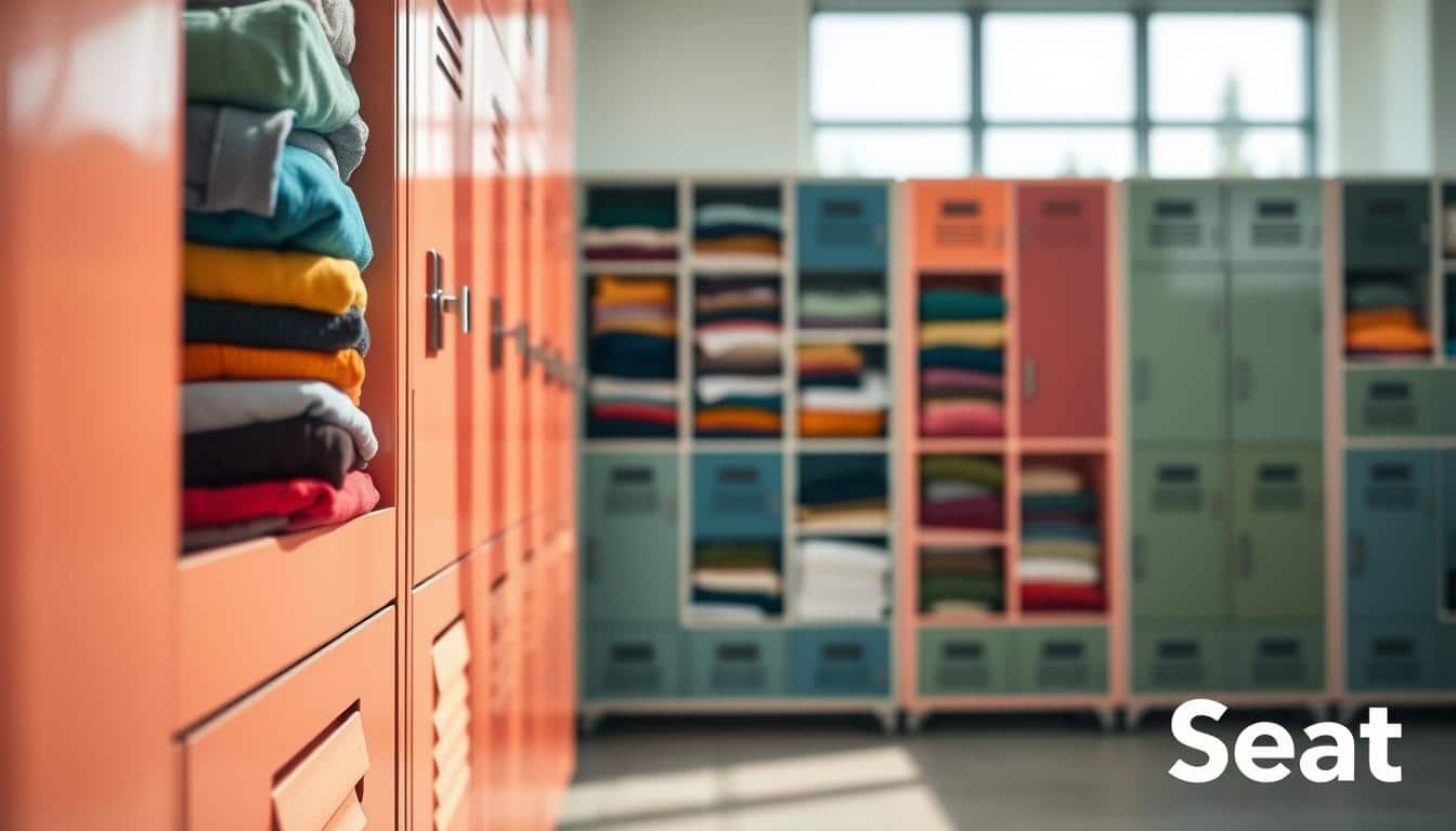 Lockers filled with neatly folded clothes, showcasing a variety of colors and textures, in a bright, organized space. In the foreground, a close-up view of a locker door slightly open, revealing vibrant shirts, sweaters, and pants stacked in an orderly manner. In the middle ground, several lockers line the wall, each with a unique color, reflecting a modern office or school environment. The background features a softly illuminated room with natural light streaming in from large windows, creating a warm and inviting atmosphere. The lens captures a slightly angled view, emphasizing the depth of the lockers. The overall mood is professional yet casual, with a subtle branding of "Office Seat" visible on a shadow text overlay. Lockers filled with neatly folded clothes, showcasing a variety of colors and textures, in a bright, organized space. In the foreground, a close-up view of a locker door slightly open, revealing vibrant shirts, sweaters, and pants stacked in an orderly manner. In the middle ground, several lockers line the wall, each with a unique color, reflecting a modern office or school environment. The background features a softly illuminated room with natural light streaming in from large windows, creating a warm and inviting atmosphere. The lens captures a slightly angled view, emphasizing the depth of the lockers. The overall mood is professional yet casual, with a subtle branding of "Office Seat" visible on a shadow text overlay.